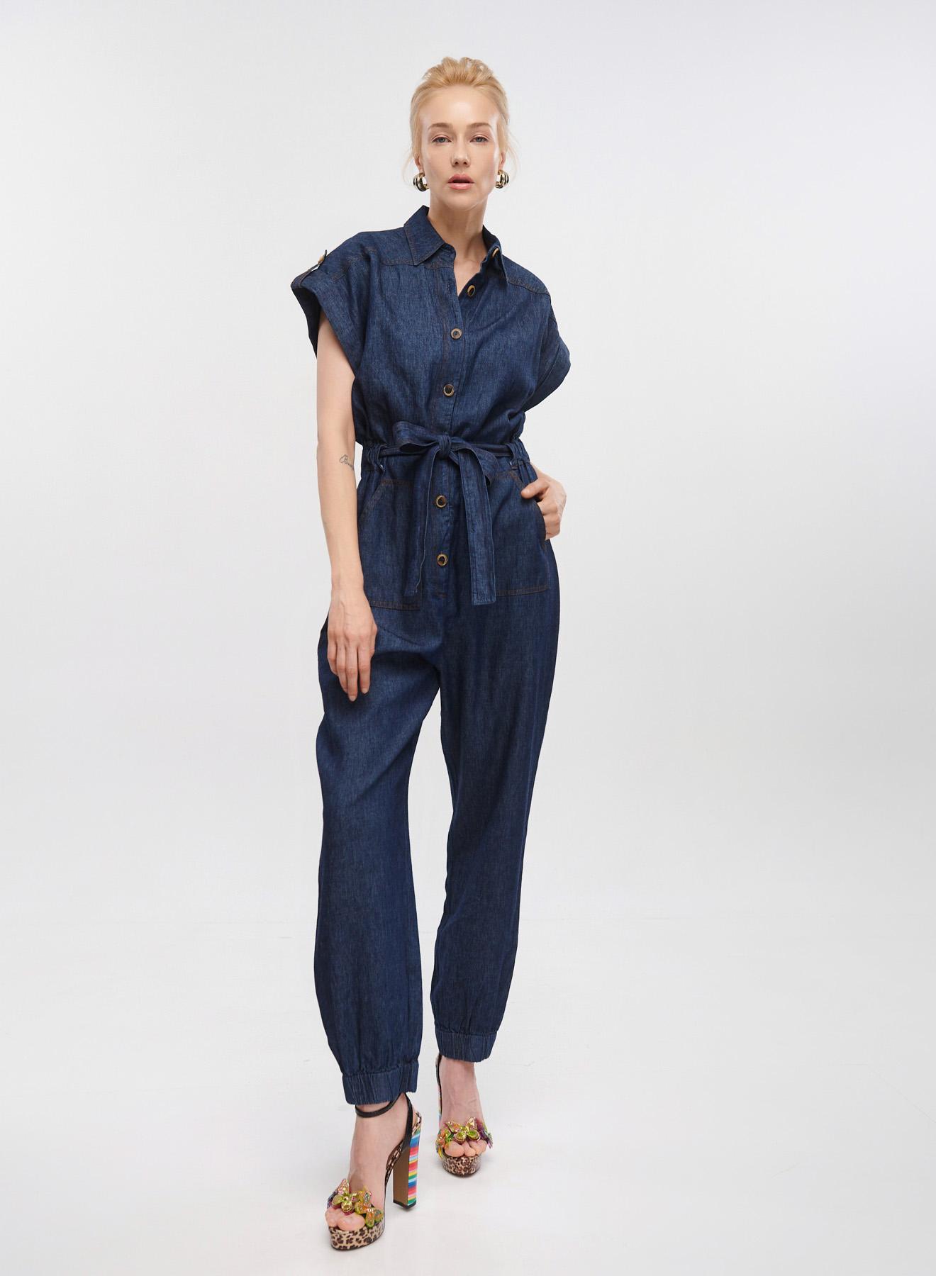 Dark Blue Denim Jumpsuit with same fabric belt Milla - 1