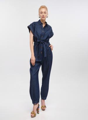 Dark Blue Denim Jumpsuit with same fabric belt Milla - 32803