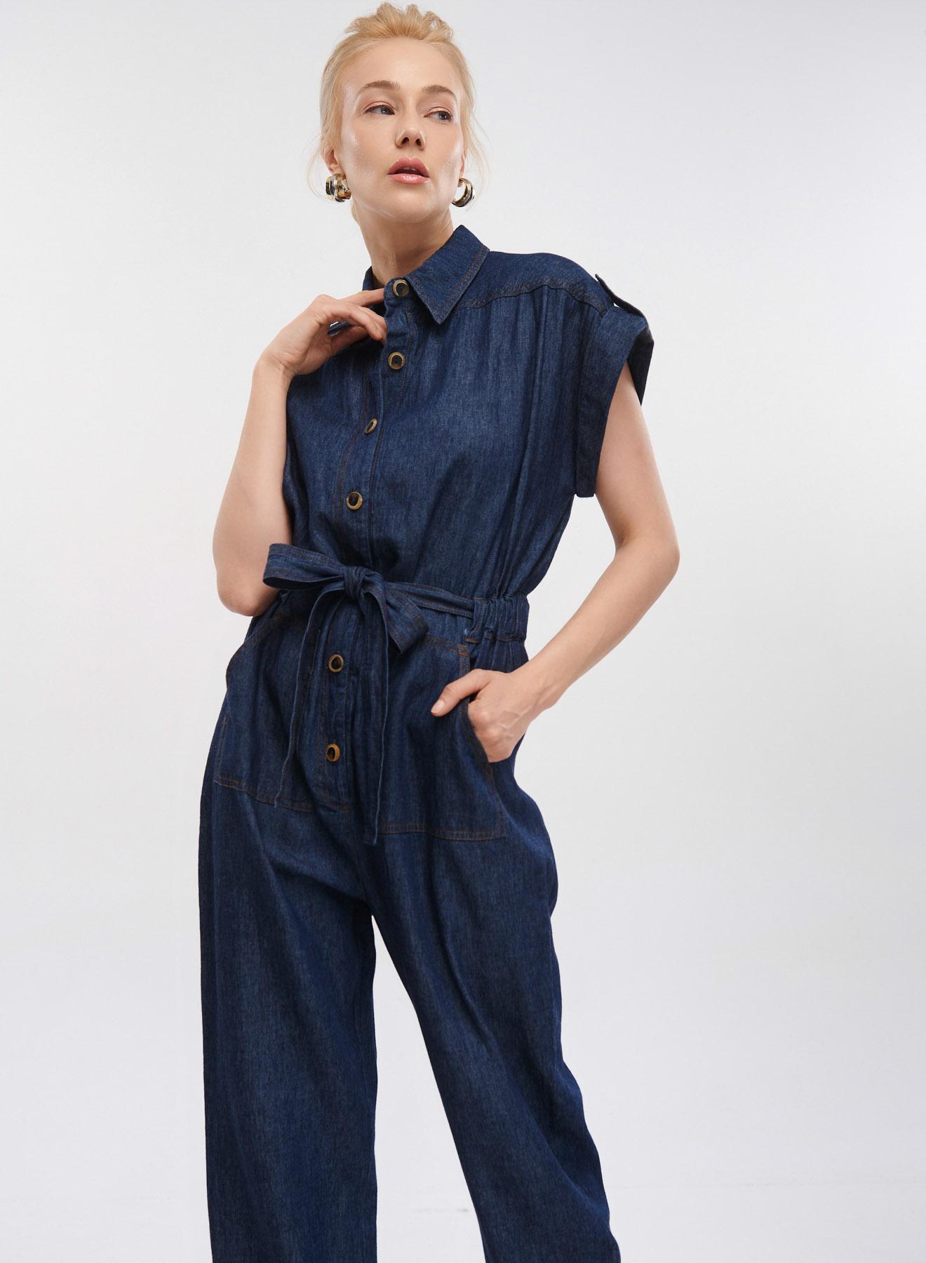 Dark Blue Denim Jumpsuit with same fabric belt Milla - 2