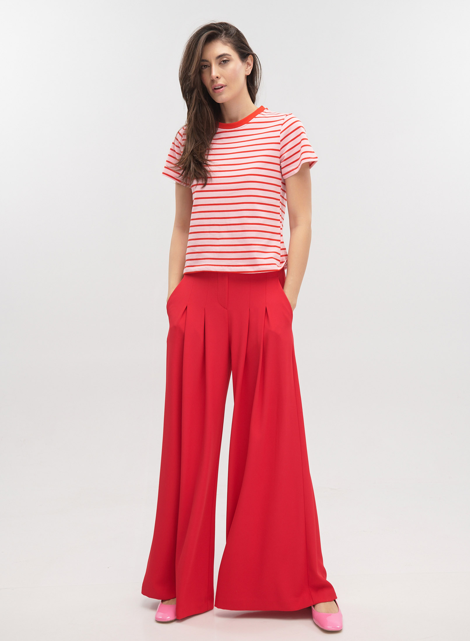 Red Wide legs palazzo Trousers with belt and pleats Imperial - 2