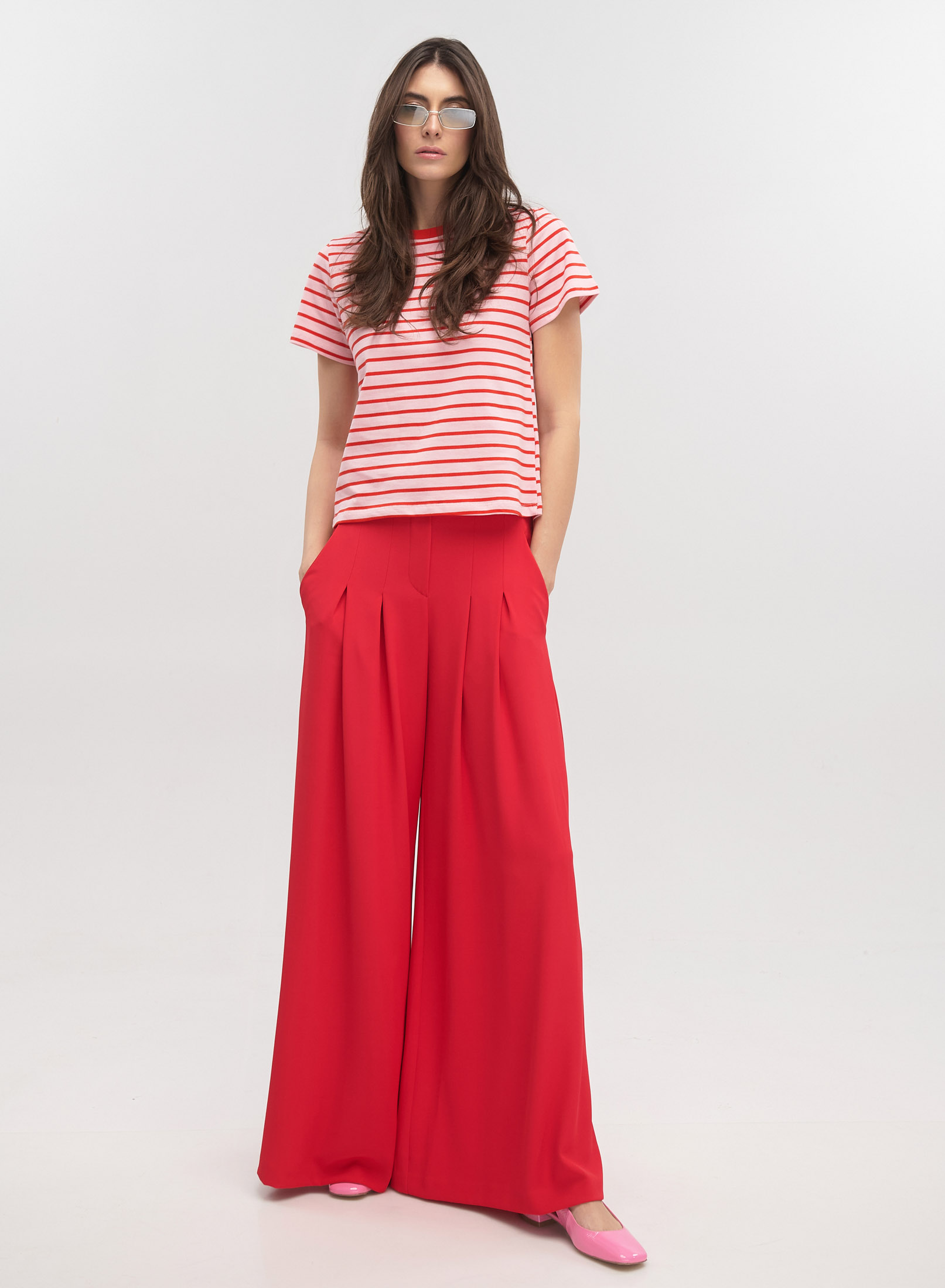 Red Wide legs palazzo Trousers with belt and pleats Imperial - 3