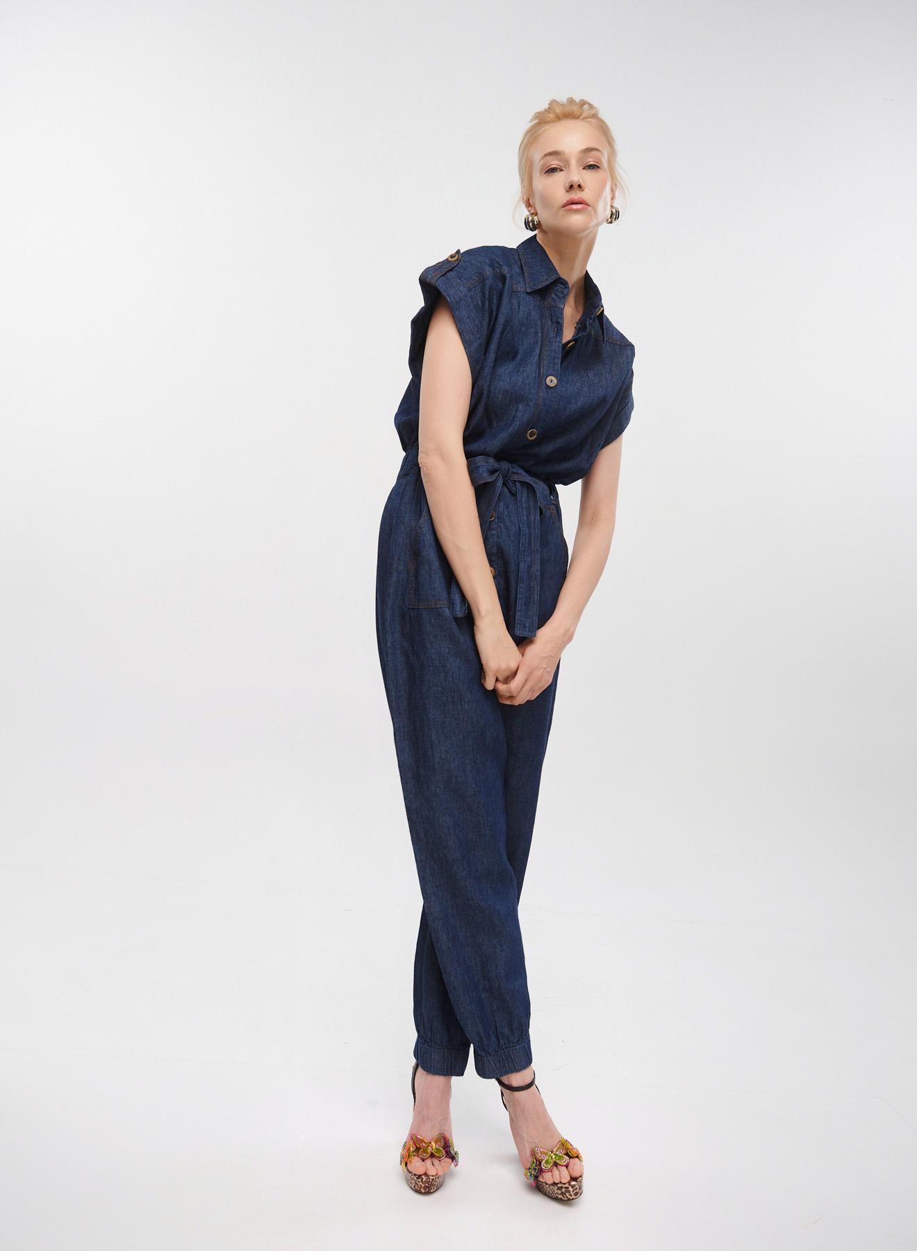 Dark Blue Denim Jumpsuit with same fabric belt Milla - 3