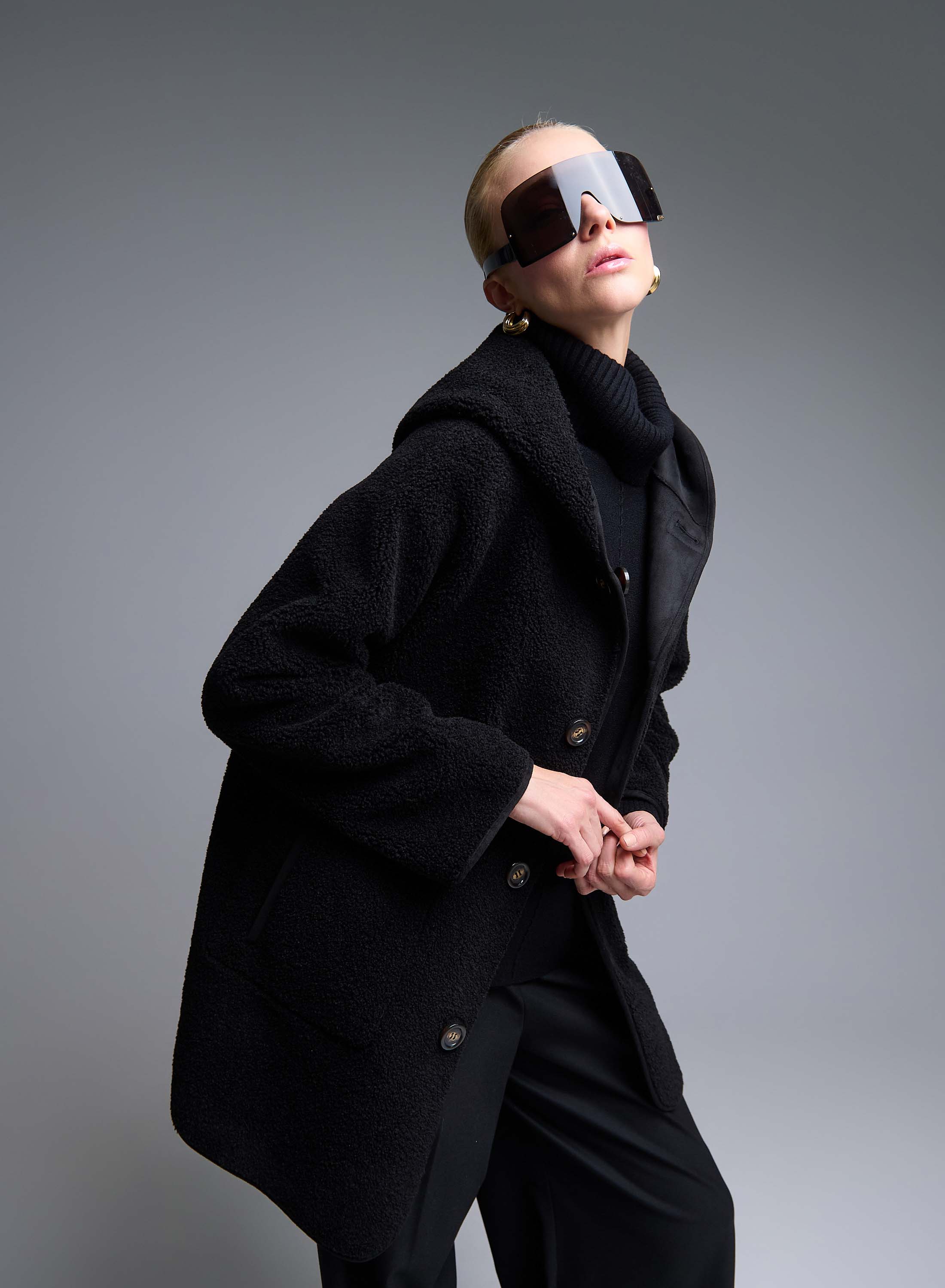 Black reversible Overcoat Mouton-Eco Fur with hood Emme Marella - 6