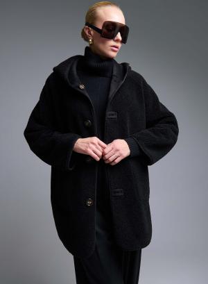 Black reversible Overcoat Mouton-Eco Fur with hood Emme Marella - 50433