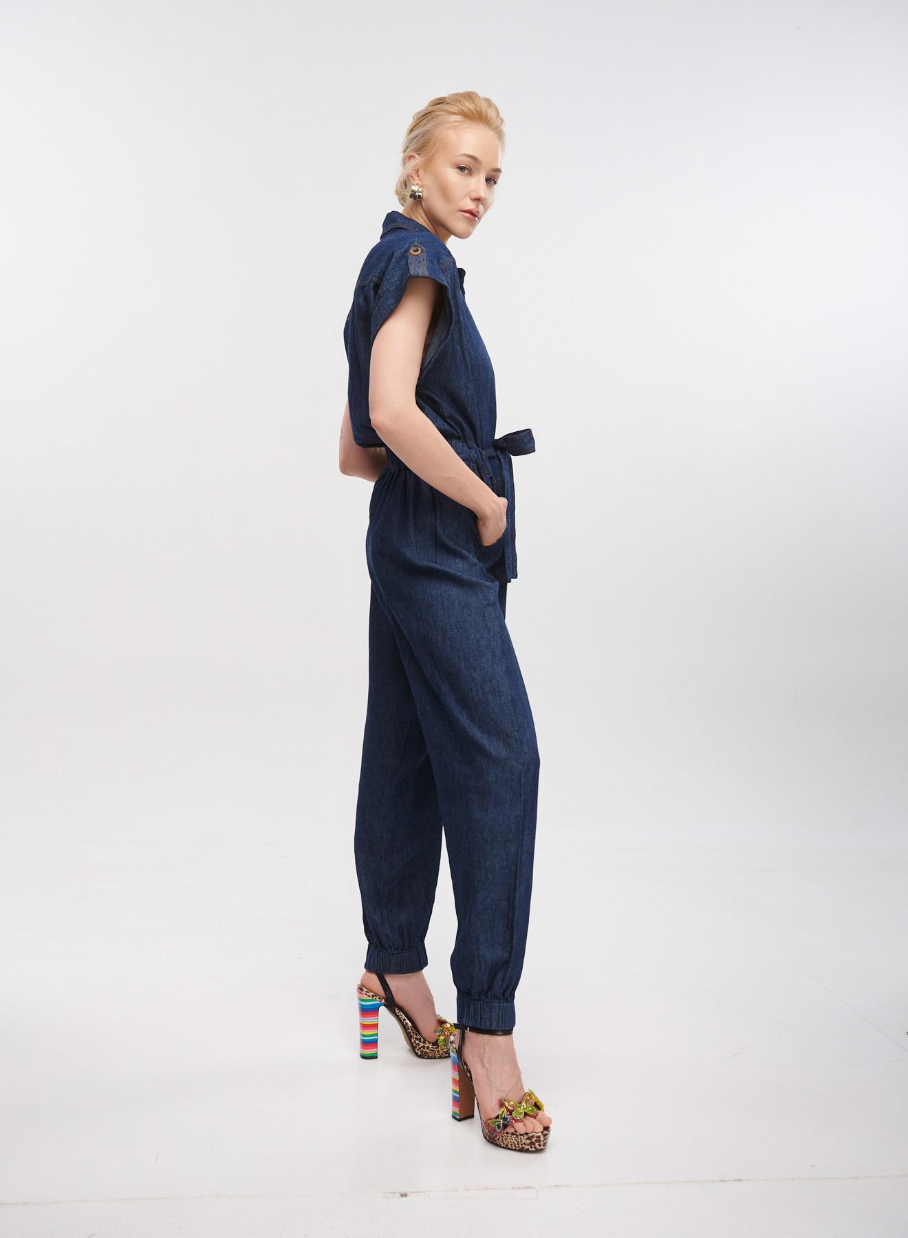 Dark Blue Denim Jumpsuit with same fabric belt Milla - 5