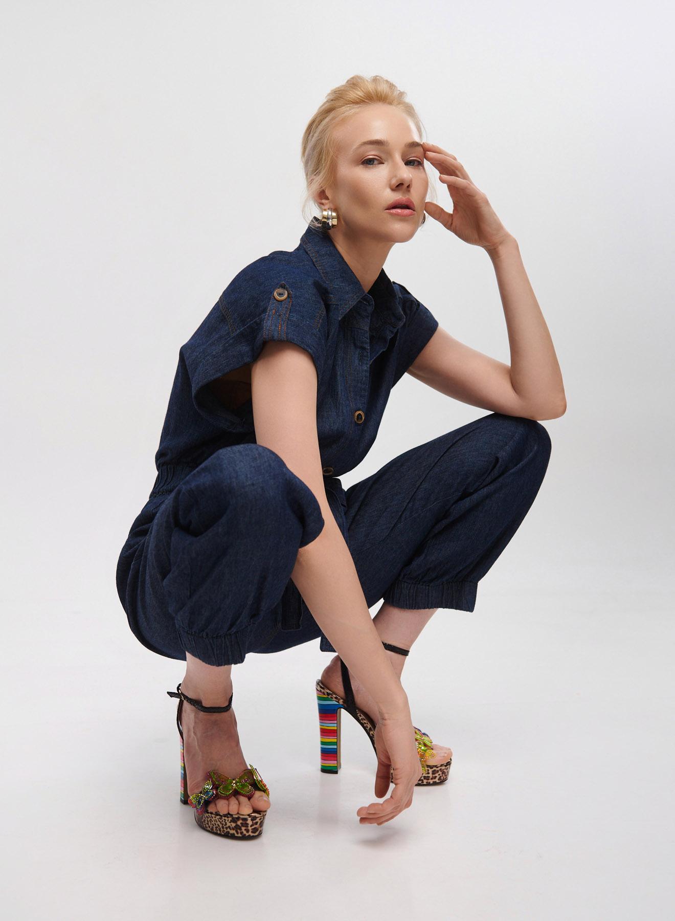 Dark Blue Denim Jumpsuit with same fabric belt Milla - 6