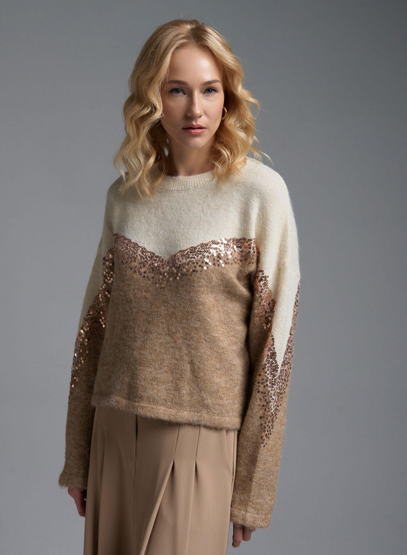 Ecru-Camel Sweater with round neckline and with sequins Jean Luis Francoise - 2