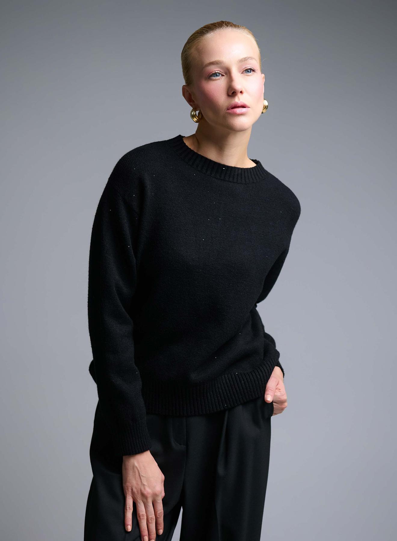 Μαύρο Πουλόβερ με στρογγυλή λαιμόκοψη και μικρά στρας Valentina Milano - 1