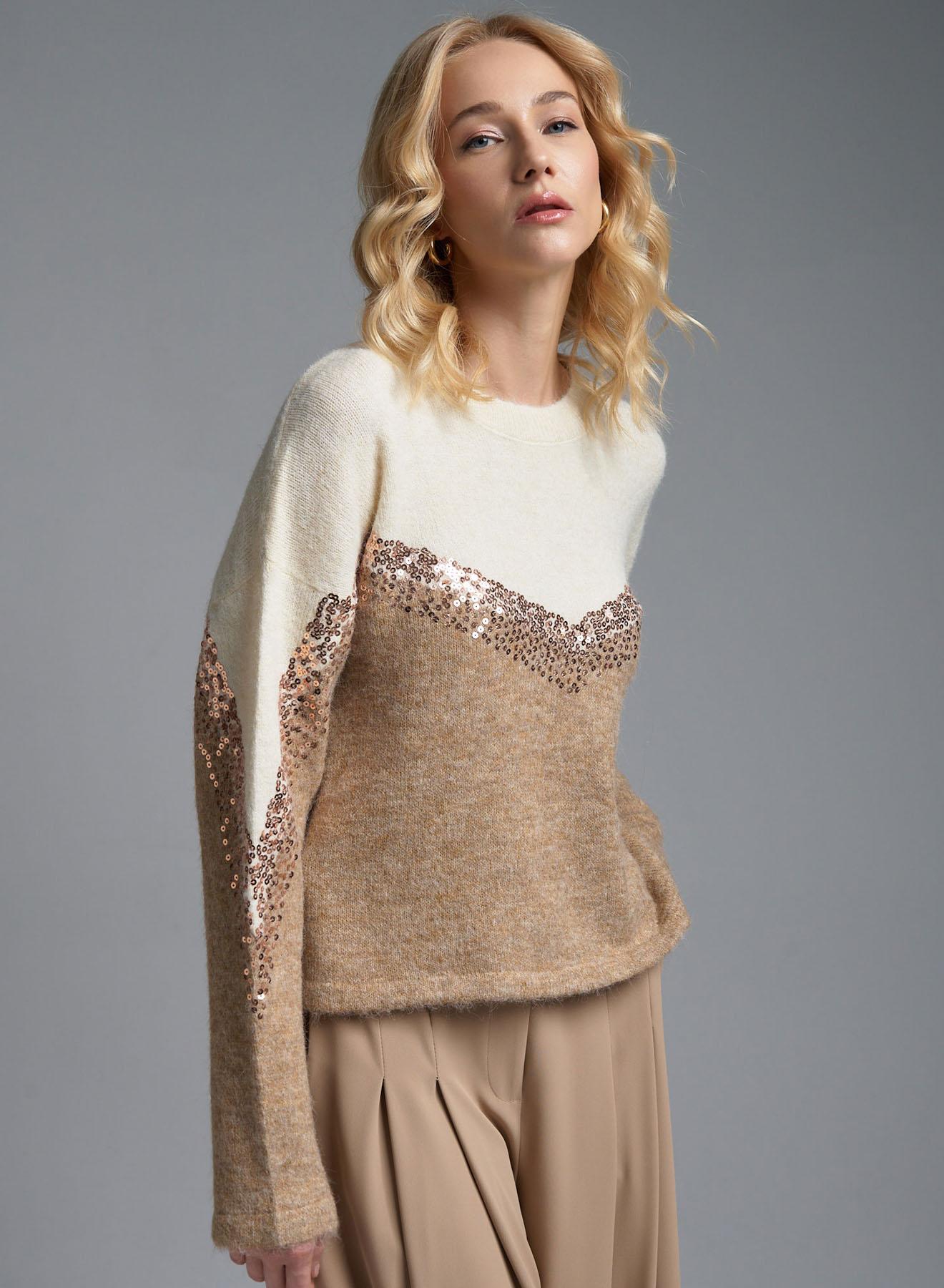 Ecru-Camel Sweater with round neckline and with sequins Jean Luis Francoise - 3