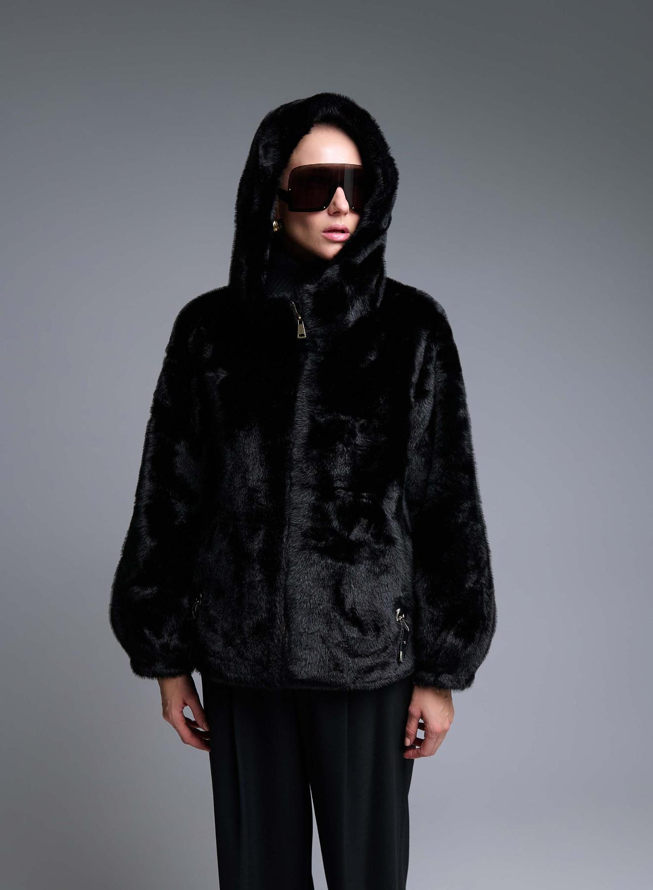 Black hooded eco fur Jacket Bg - 2