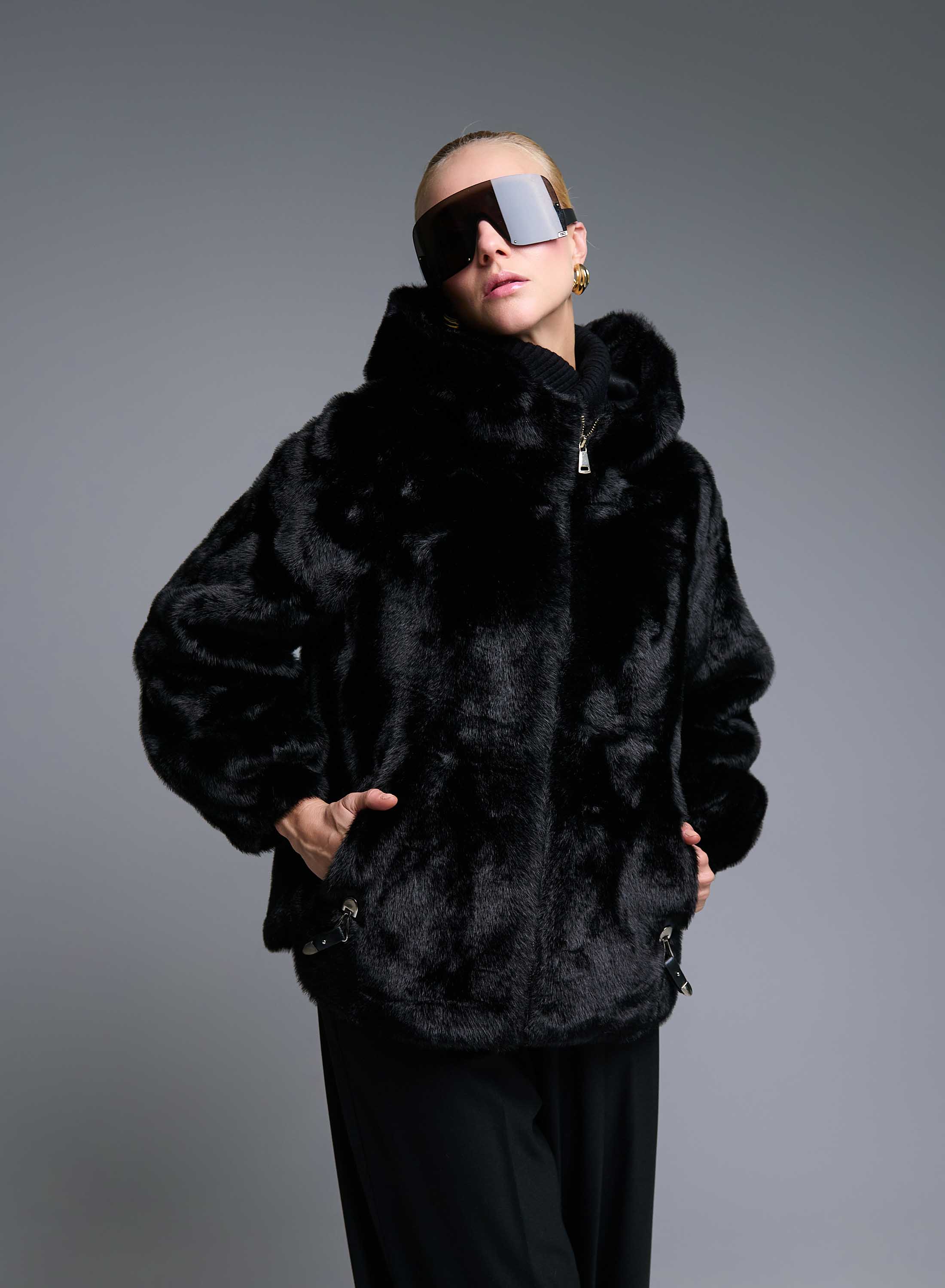Black hooded eco fur Jacket Bg - 0