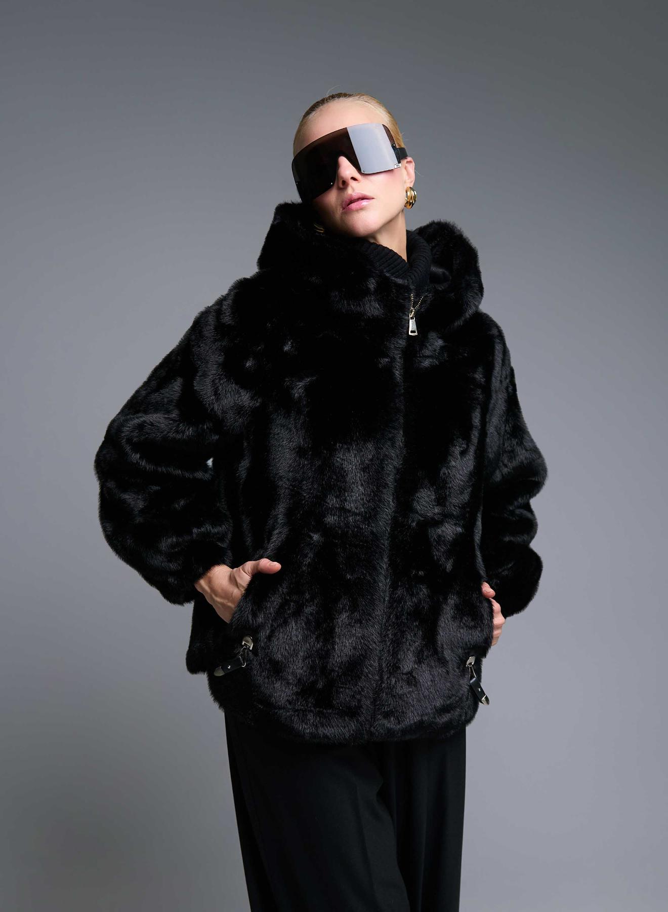 Black hooded eco fur Jacket Bg - 1