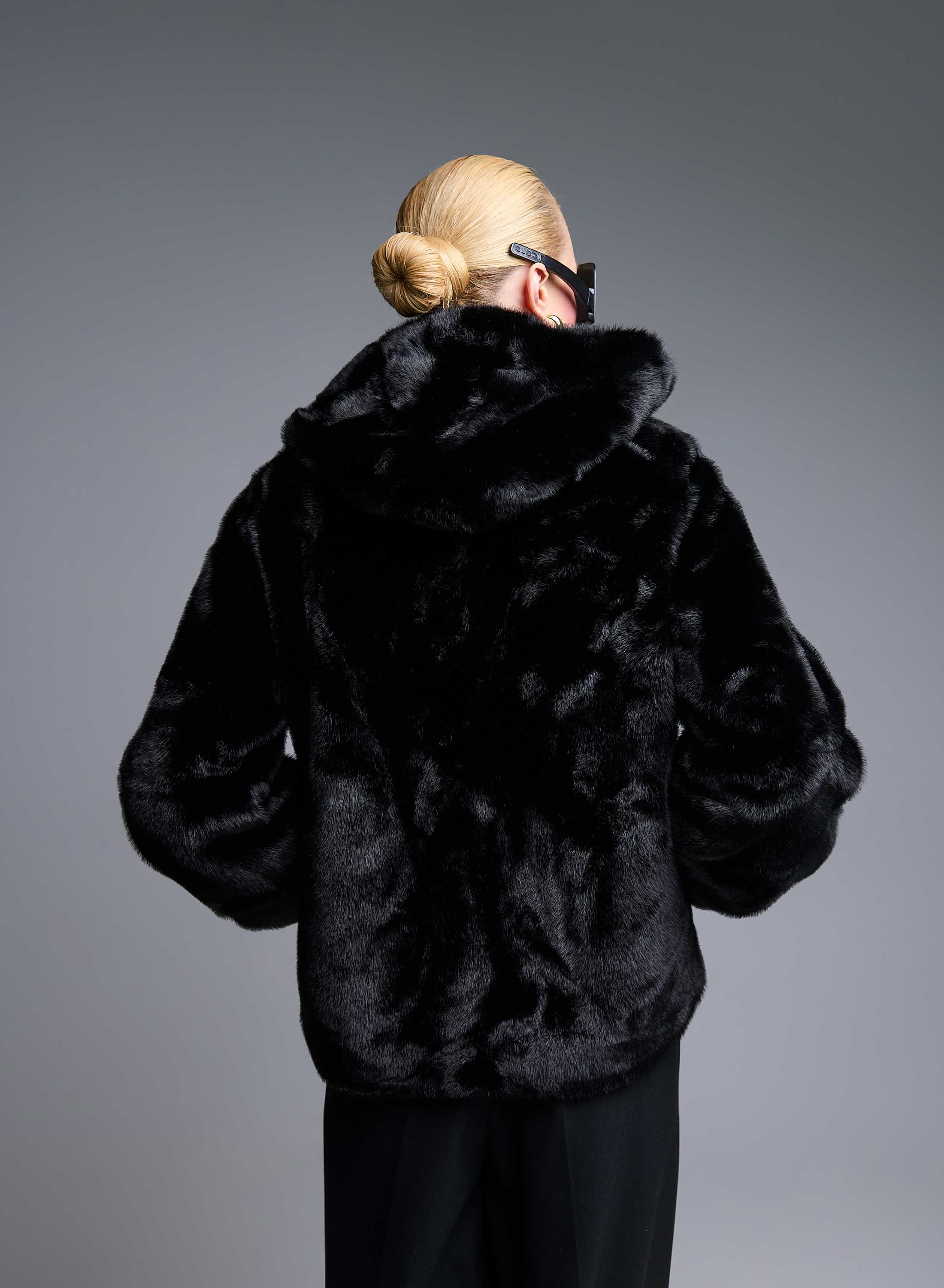 Black hooded eco fur Jacket Bg - 4