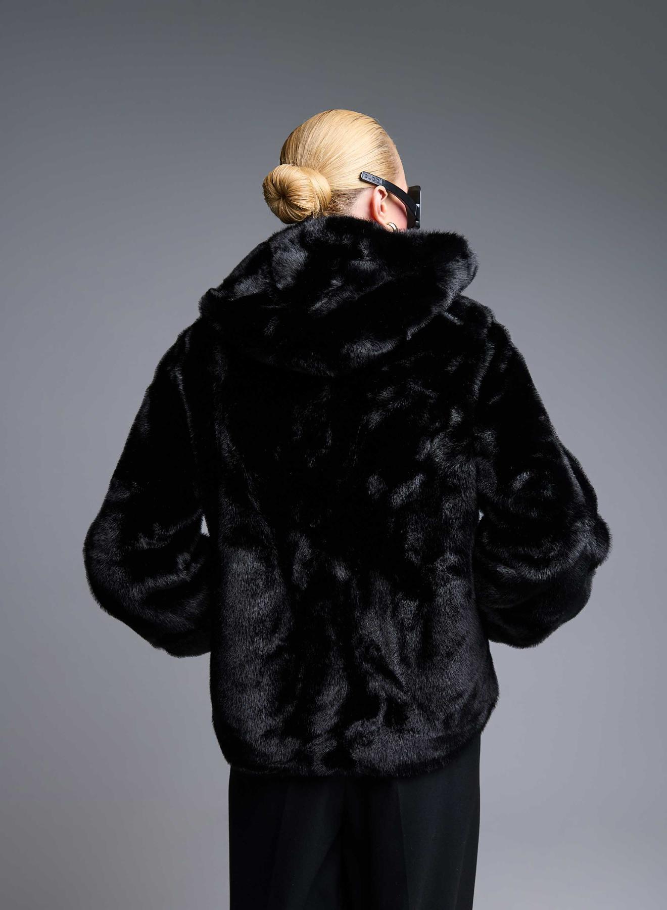 Black hooded eco fur Jacket Bg - 5