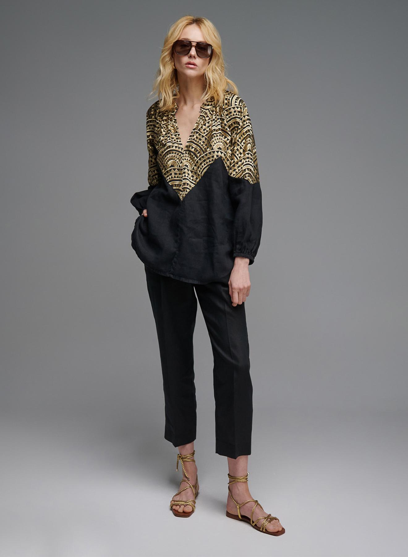 Black-Gold new All Over Linen Blouse with puffy long sleeves and with V neckline Greek Archaic Kori - 3