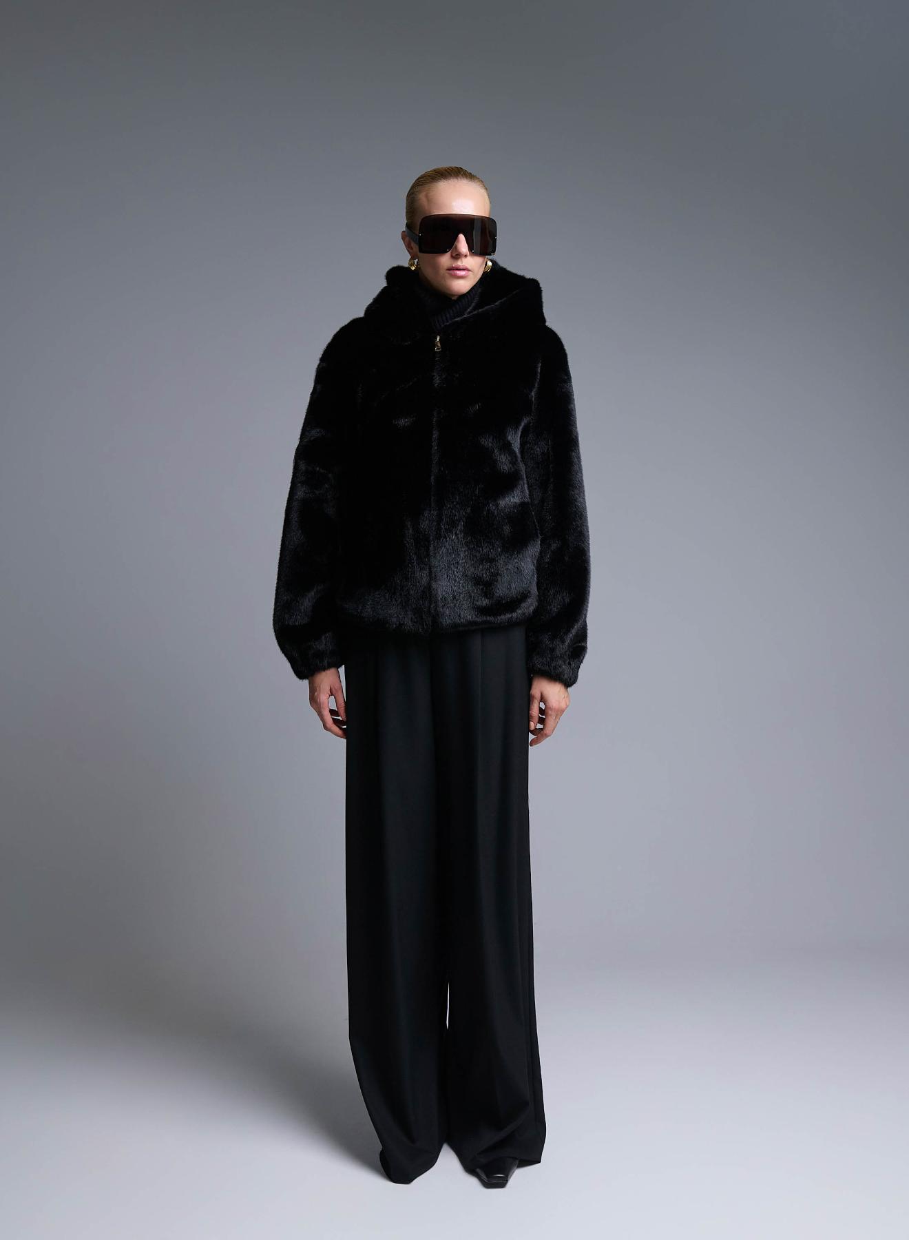 Black hooded eco fur Jacket Bg - 1