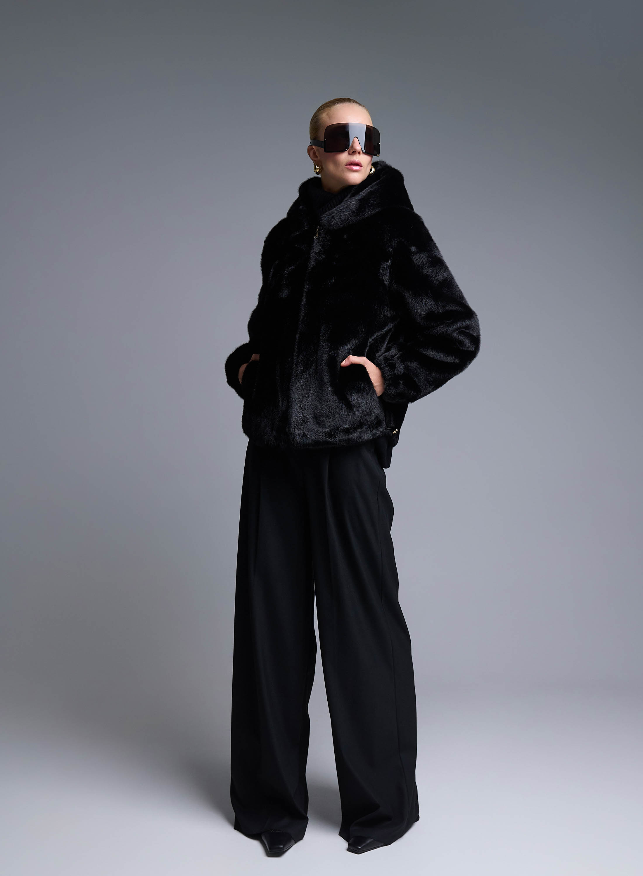 Black hooded eco fur Jacket Bg - 1