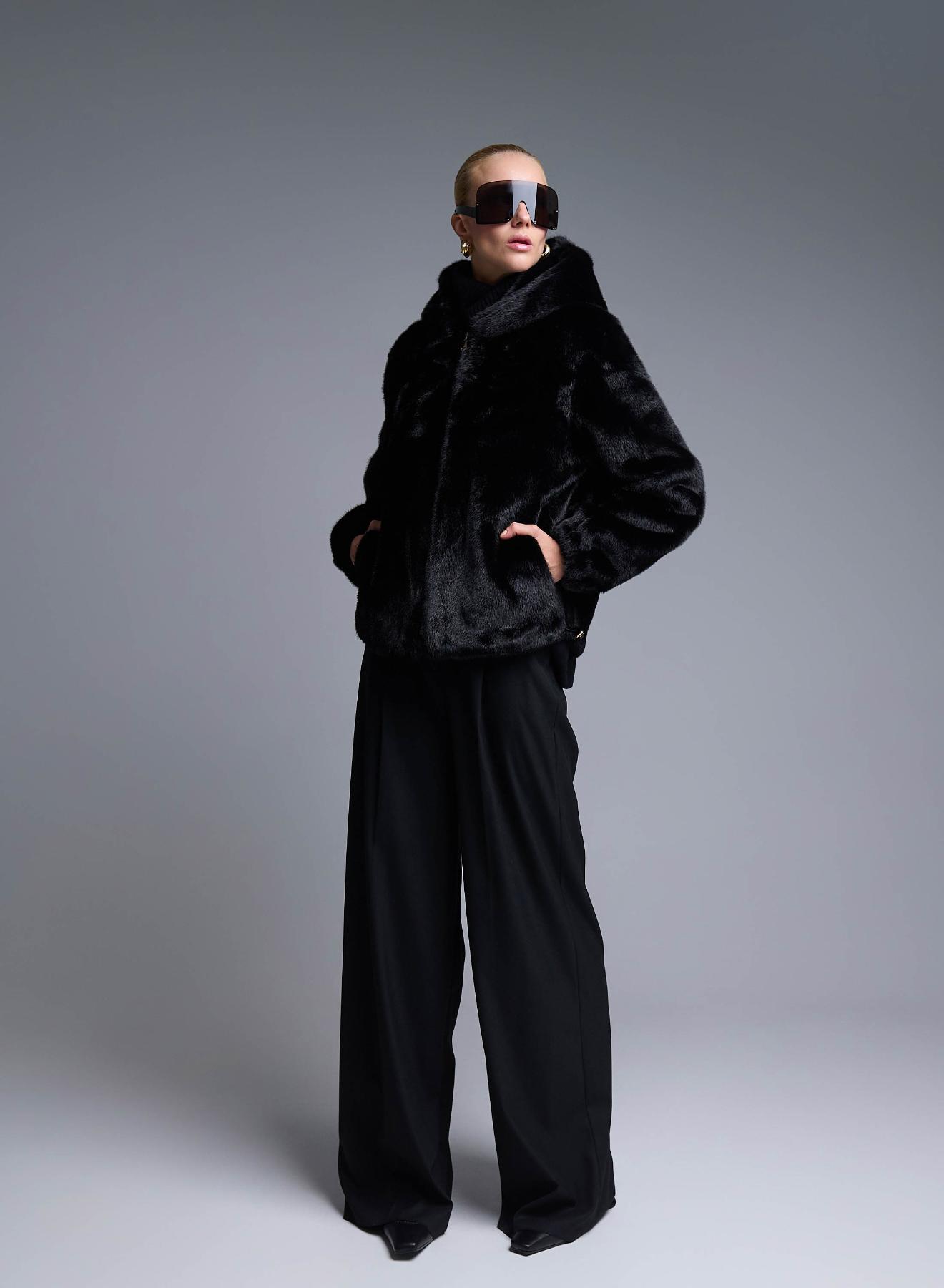 Black hooded eco fur Jacket Bg - 2