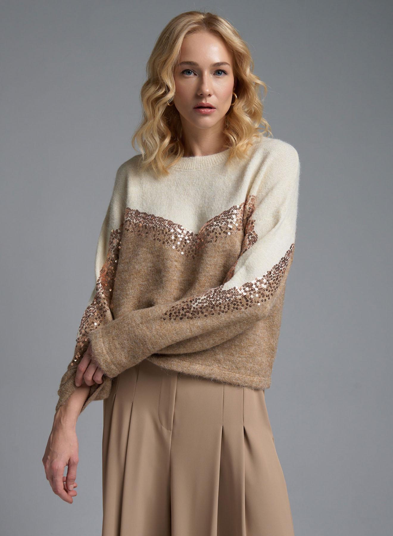 Ecru-Camel Sweater with round neckline and with sequins Jean Luis Francoise - 1