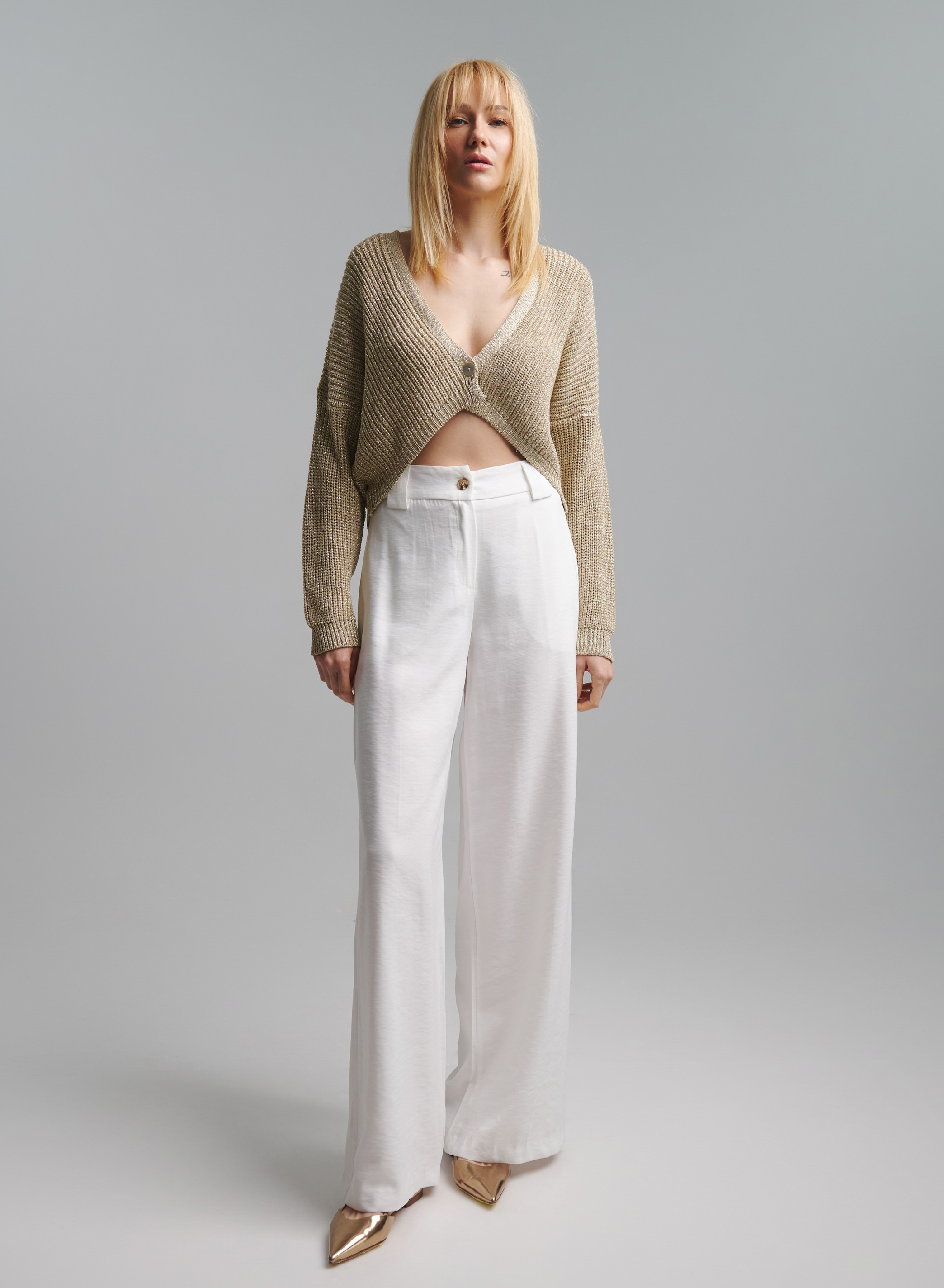 Gold knitted  single buttoned Cardigan Tensione In - 1