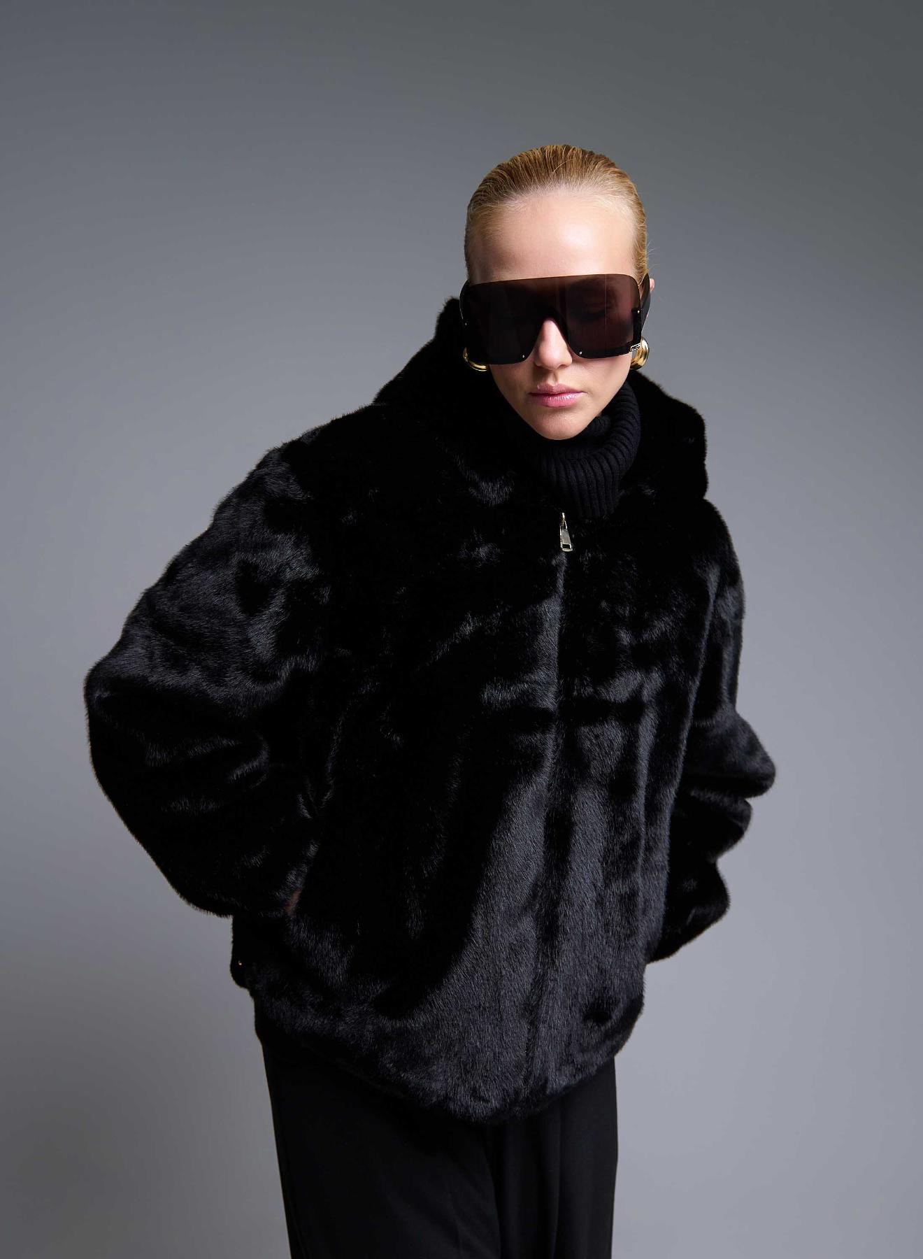 Black hooded eco fur Jacket Bg - 4