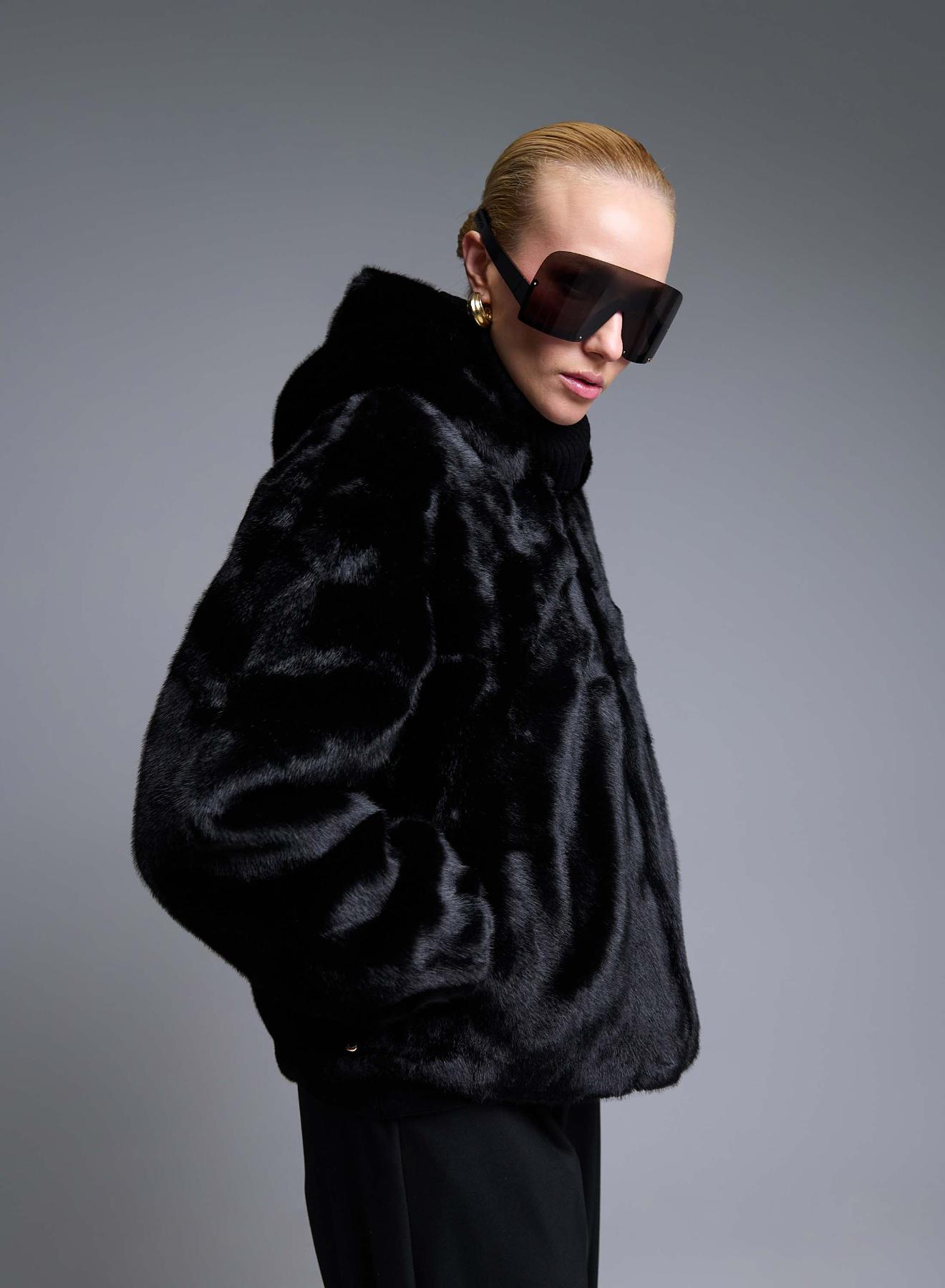 Black hooded eco fur Jacket Bg - 5