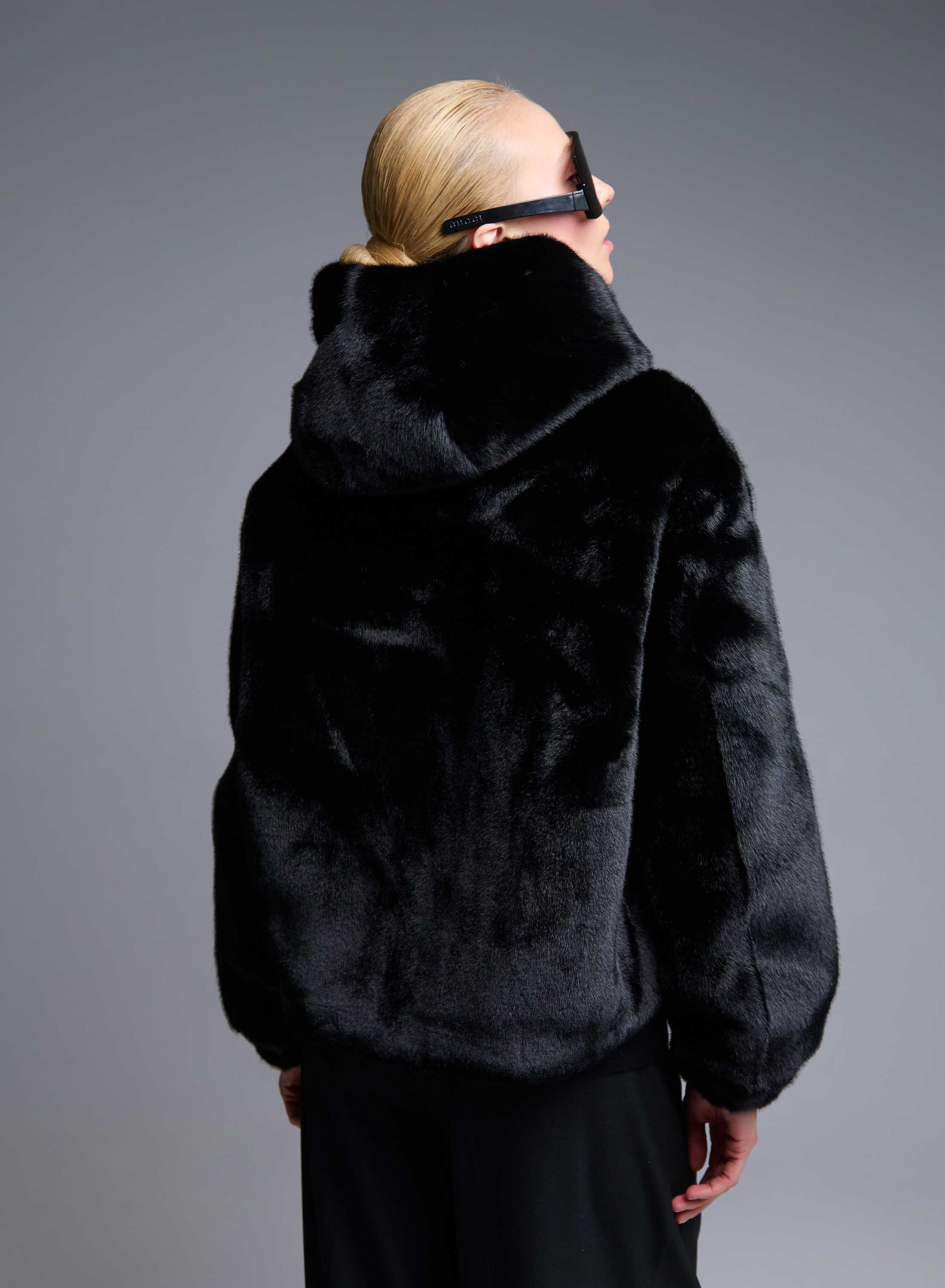 Black hooded eco fur Jacket Bg - 6
