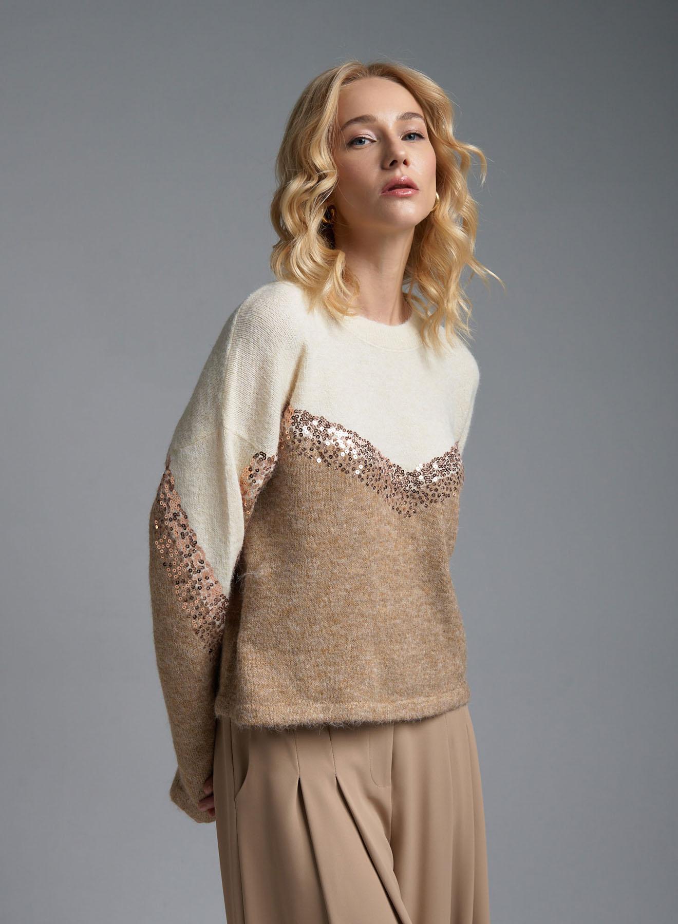 Ecru-Camel Sweater with round neckline and with sequins Jean Luis Francoise - 5