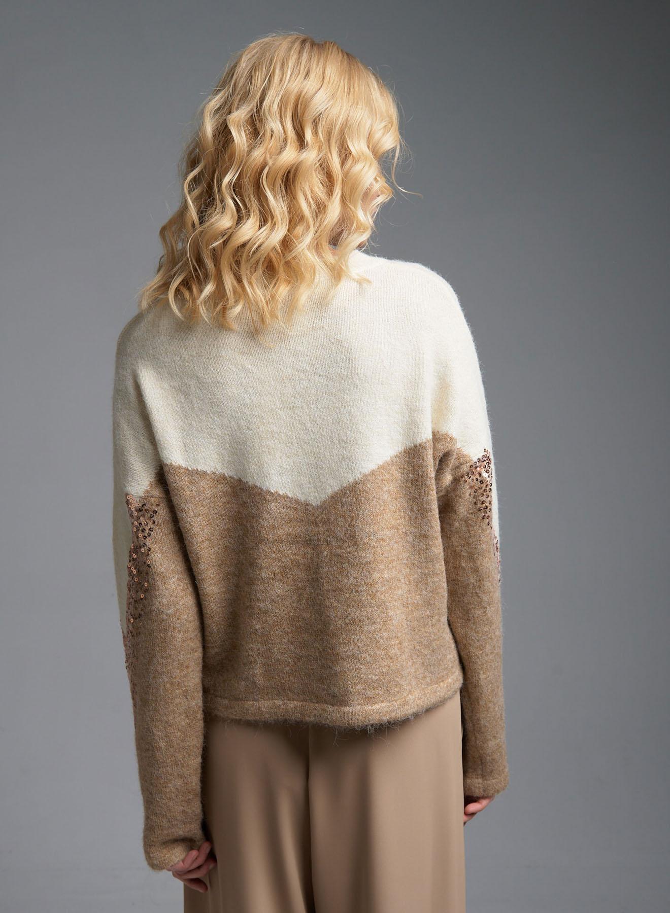 Ecru-Camel Sweater with round neckline and with sequins Jean Luis Francoise - 5