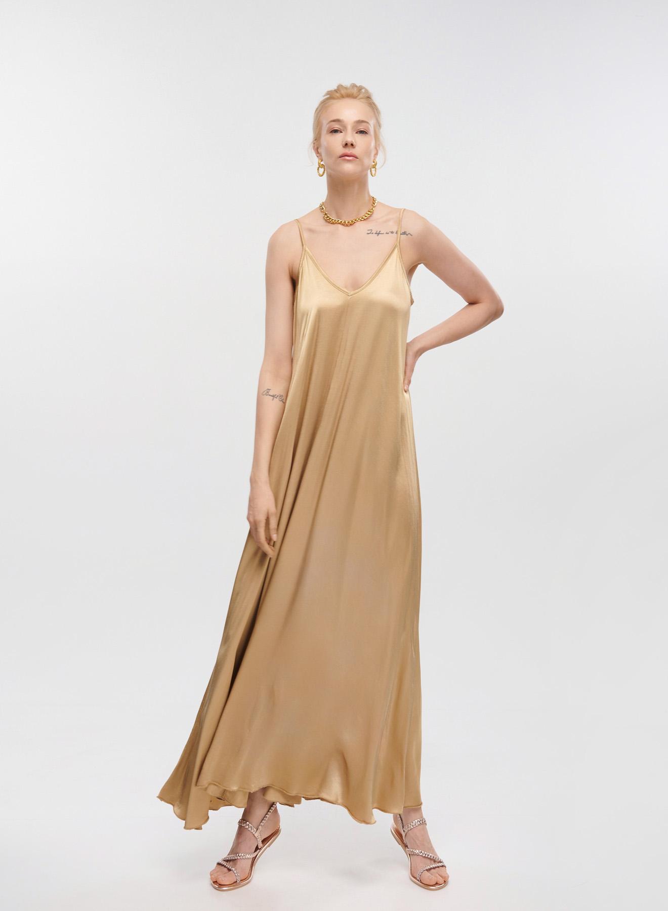 Gold silky touch long Dress with straps La Liberta - 1