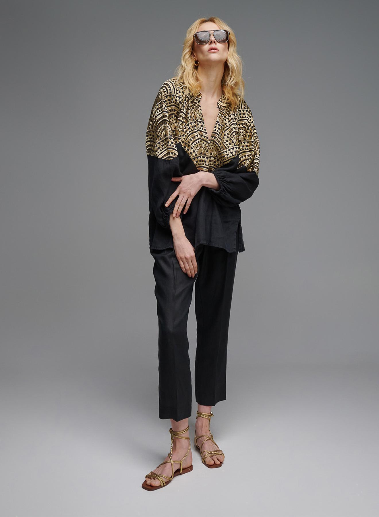 Black-Gold new All Over Linen Blouse with puffy long sleeves and with V neckline Greek Archaic Kori - 4