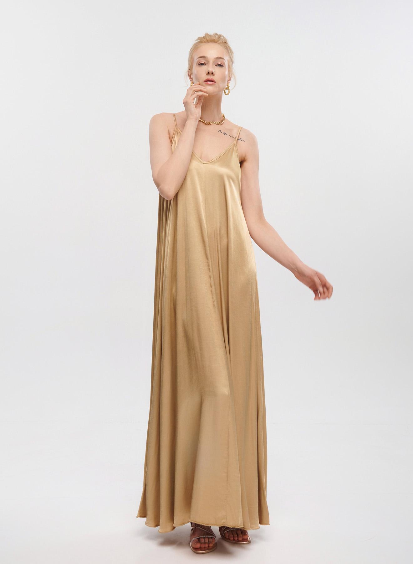 Gold silky touch long Dress with straps La Liberta - 2