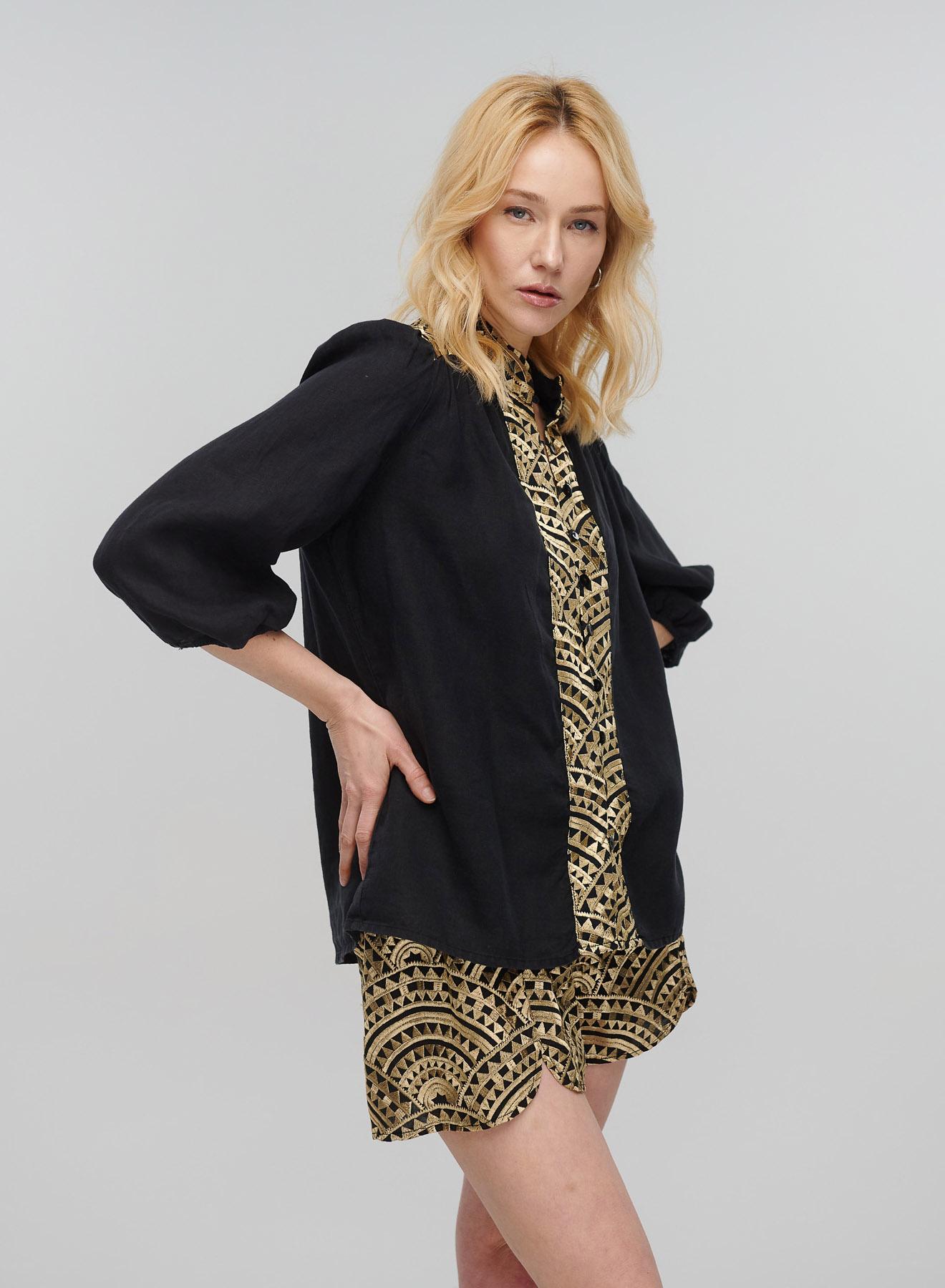 Black-Gold new All Over Linen shirt with three quarters sleeves and with V neckline Greek Archaic Kori - 4