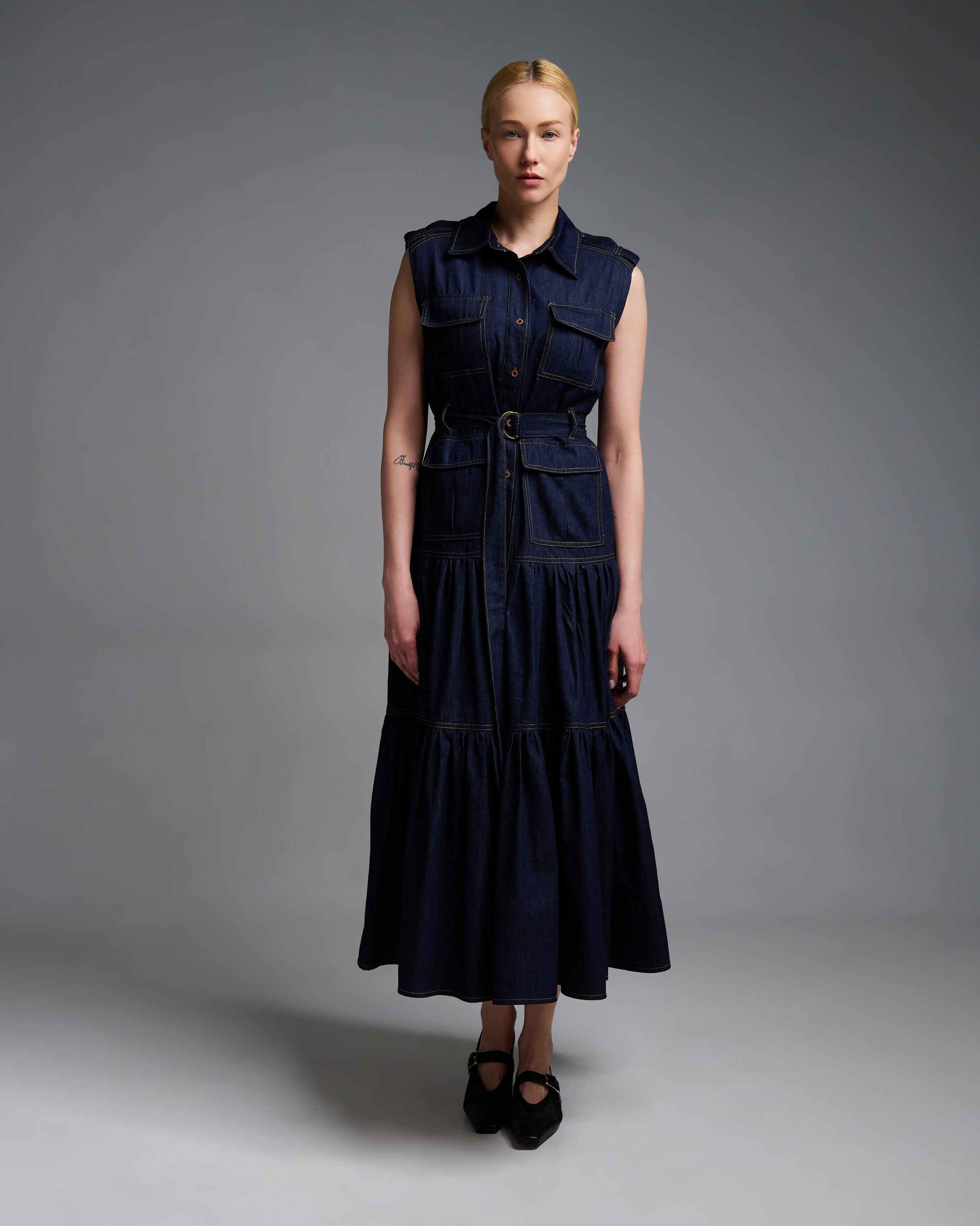 Navy Blue αμάνικο Τζιν Φόρεμα σεμιζιέ με ζώνη Royal - 2