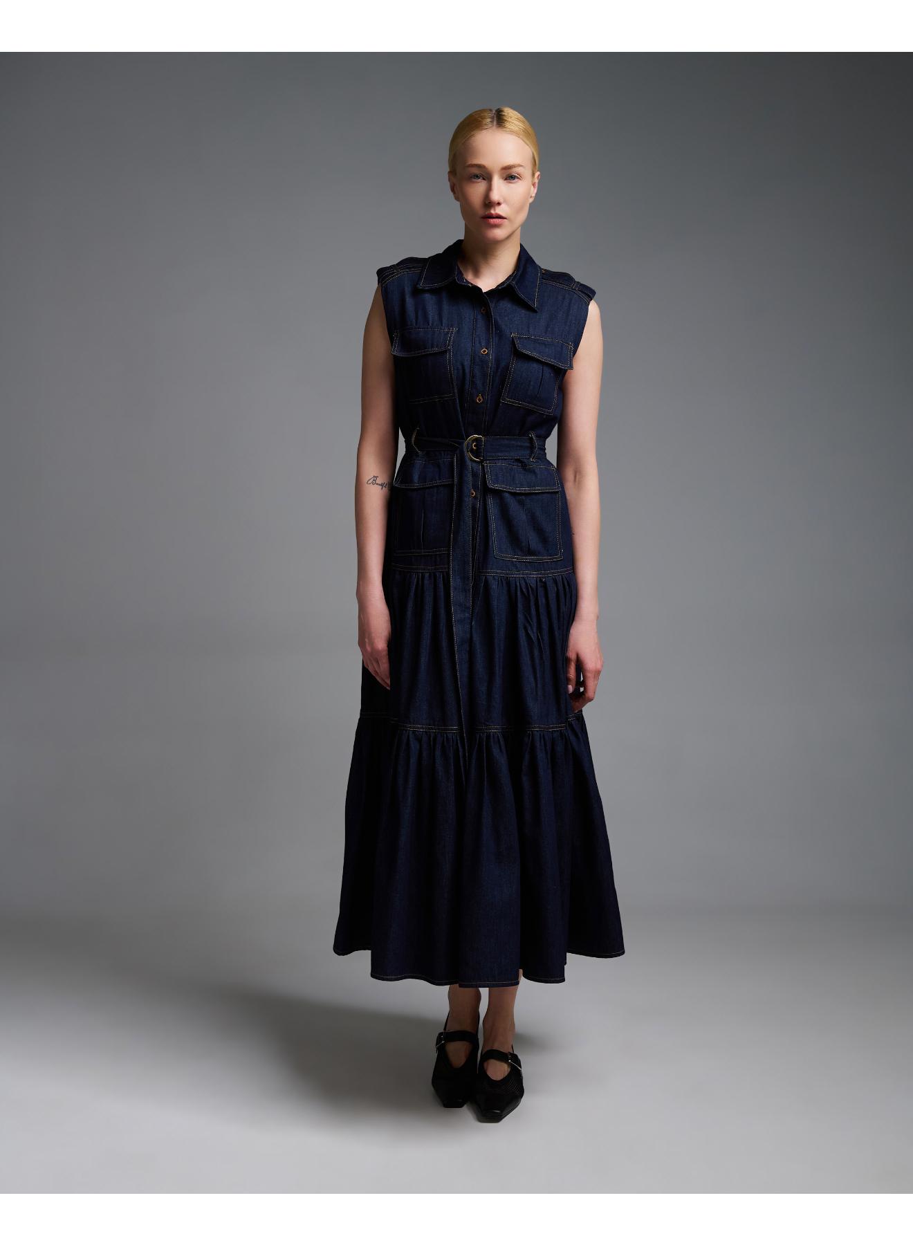 Navy Blue αμάνικο Τζιν Φόρεμα σεμιζιέ με ζώνη Royal - 3