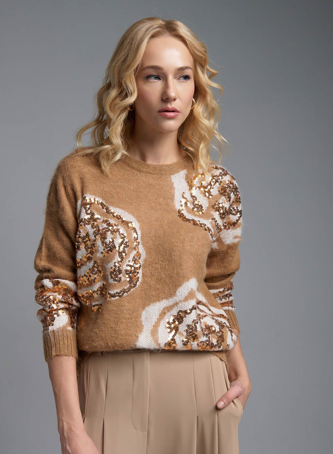 Camel Sweater with round neckline and with sequins Jasmine - 1