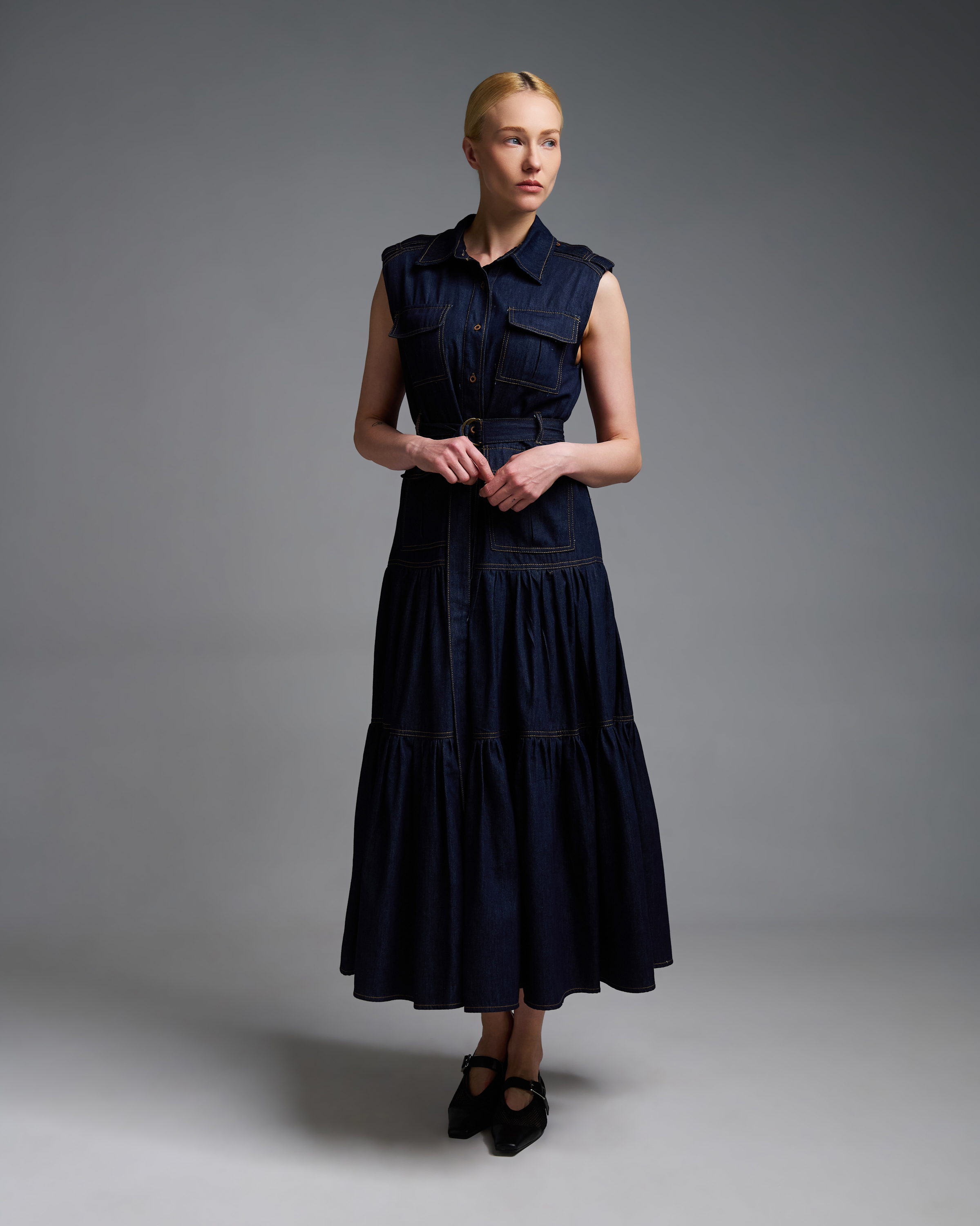 Navy Blue αμάνικο Τζιν Φόρεμα σεμιζιέ με ζώνη Royal - 3