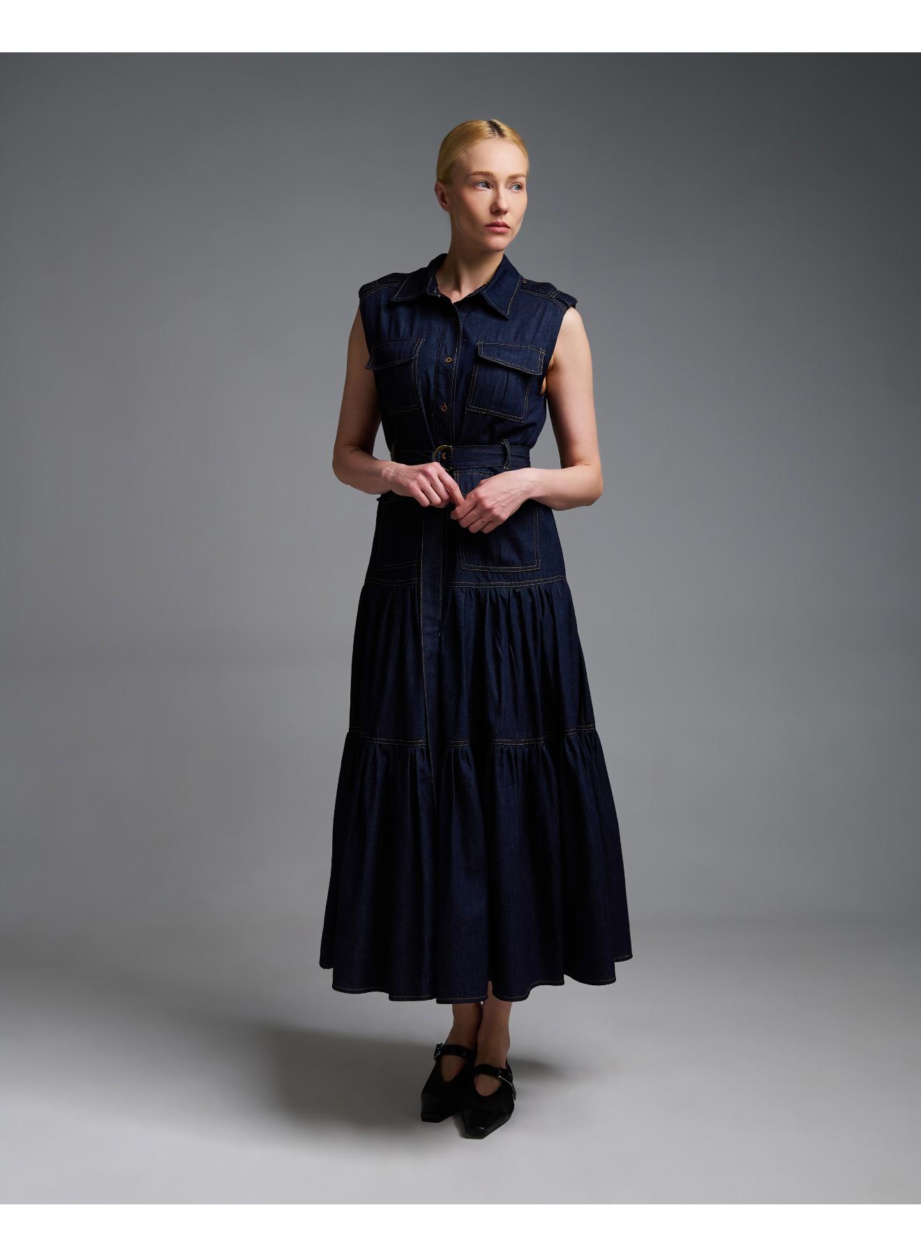 Navy Blue αμάνικο Τζιν Φόρεμα σεμιζιέ με ζώνη Royal - 4