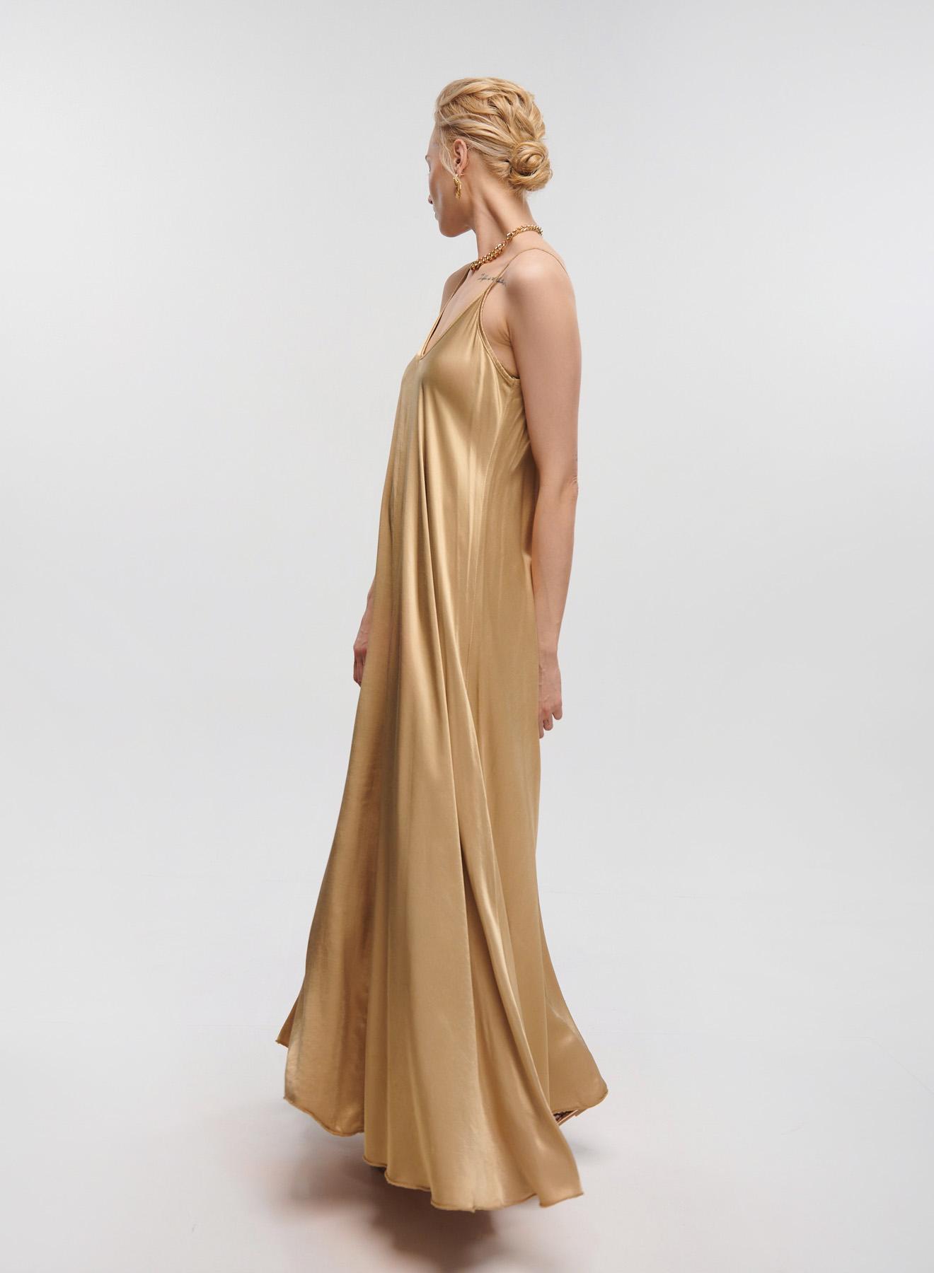 Gold silky touch long Dress with straps La Liberta - 3