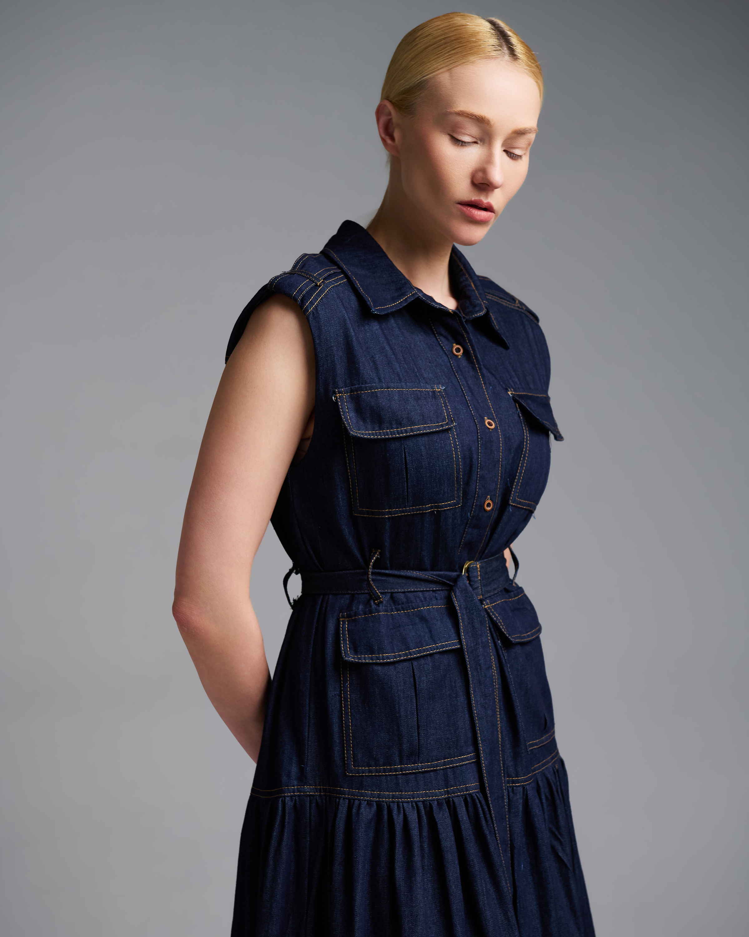 Navy Blue αμάνικο Τζιν Φόρεμα σεμιζιέ με ζώνη Royal - 4