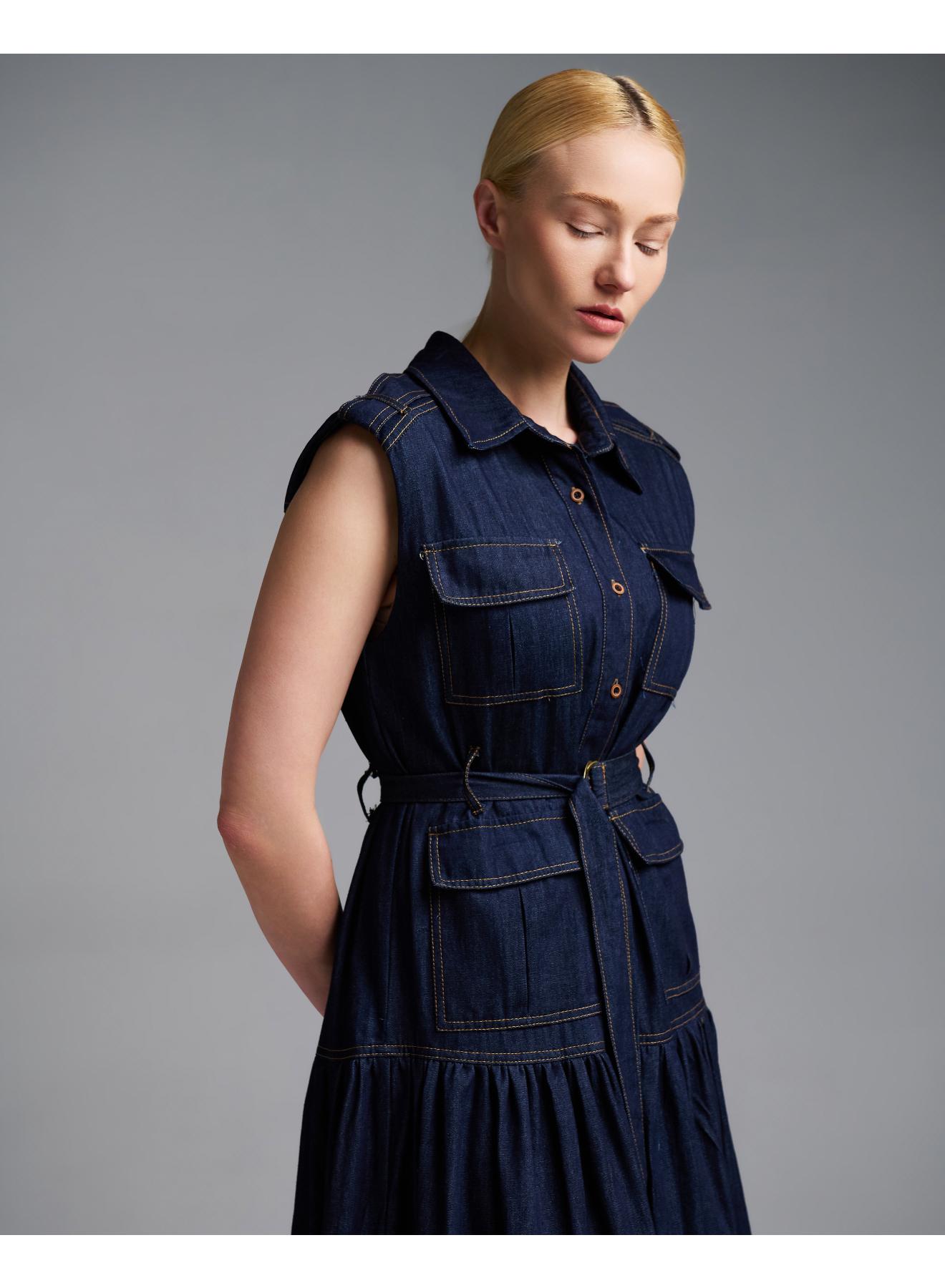 Navy Blue αμάνικο Τζιν Φόρεμα σεμιζιέ με ζώνη Royal - 5