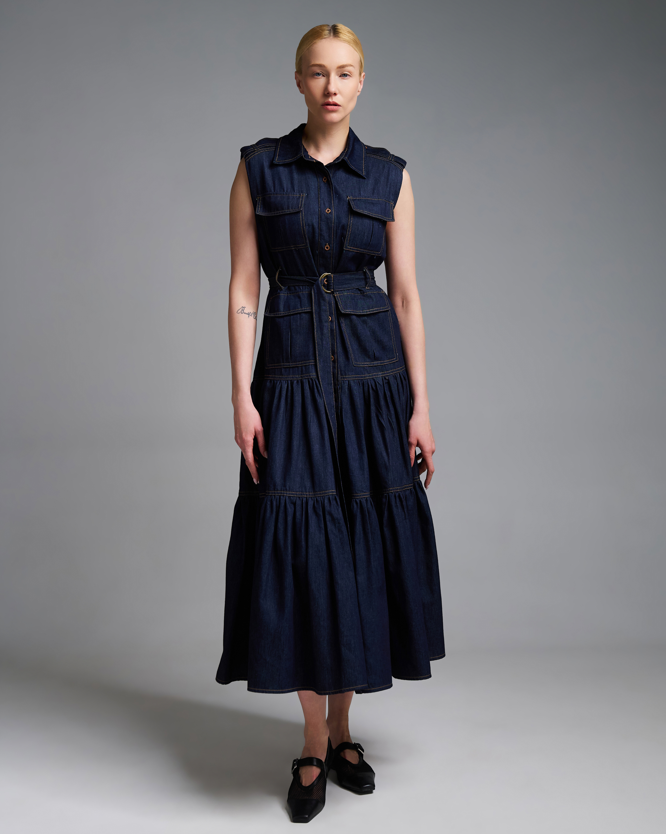 Navy Blue αμάνικο Τζιν Φόρεμα σεμιζιέ με ζώνη Royal - 5