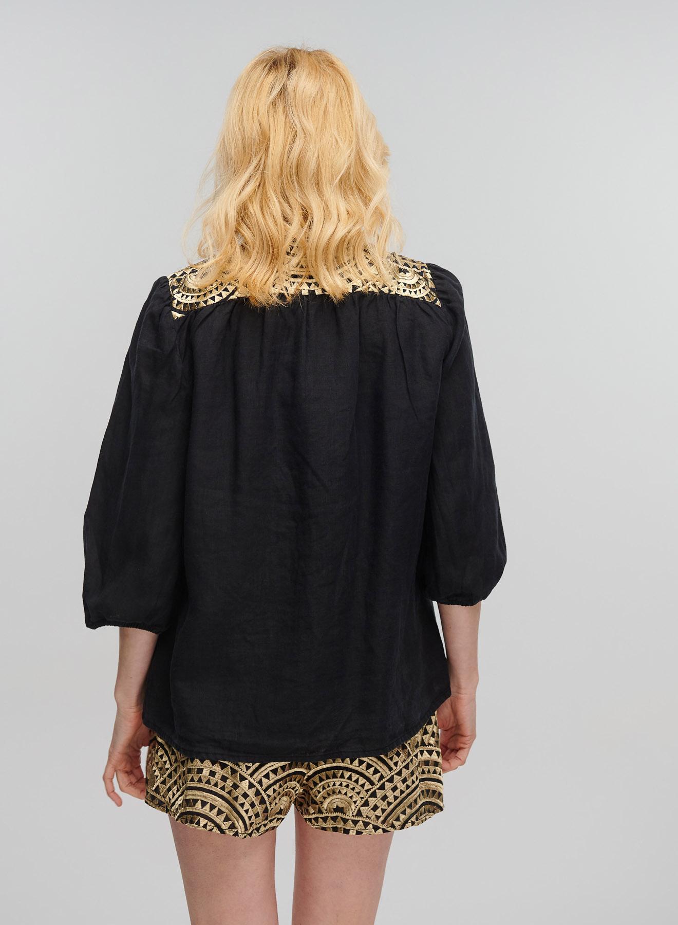 Black-Gold new All Over Linen shirt with three quarters sleeves and with V neckline Greek Archaic Kori - 2