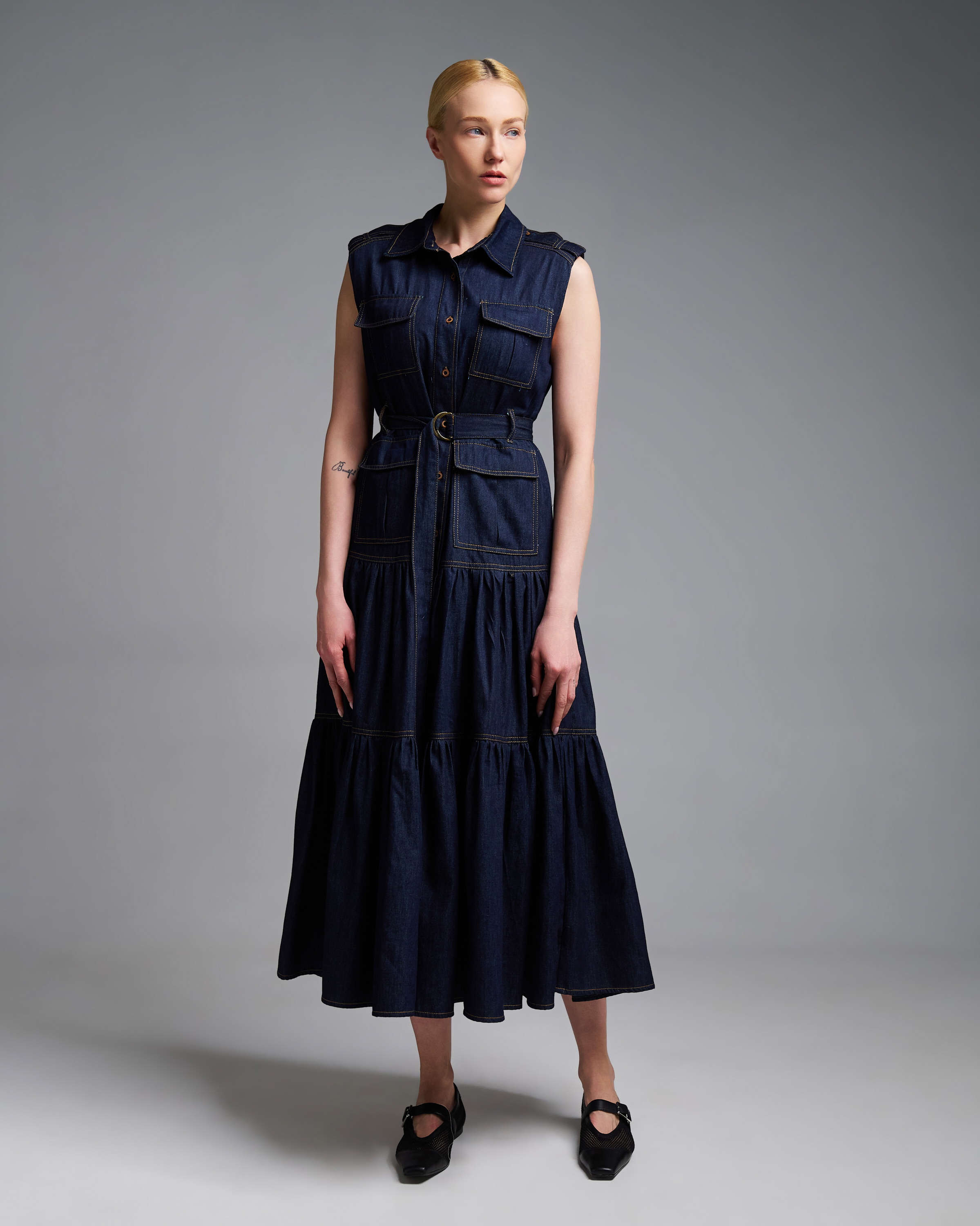 Navy Blue αμάνικο Τζιν Φόρεμα σεμιζιέ με ζώνη Royal - 0