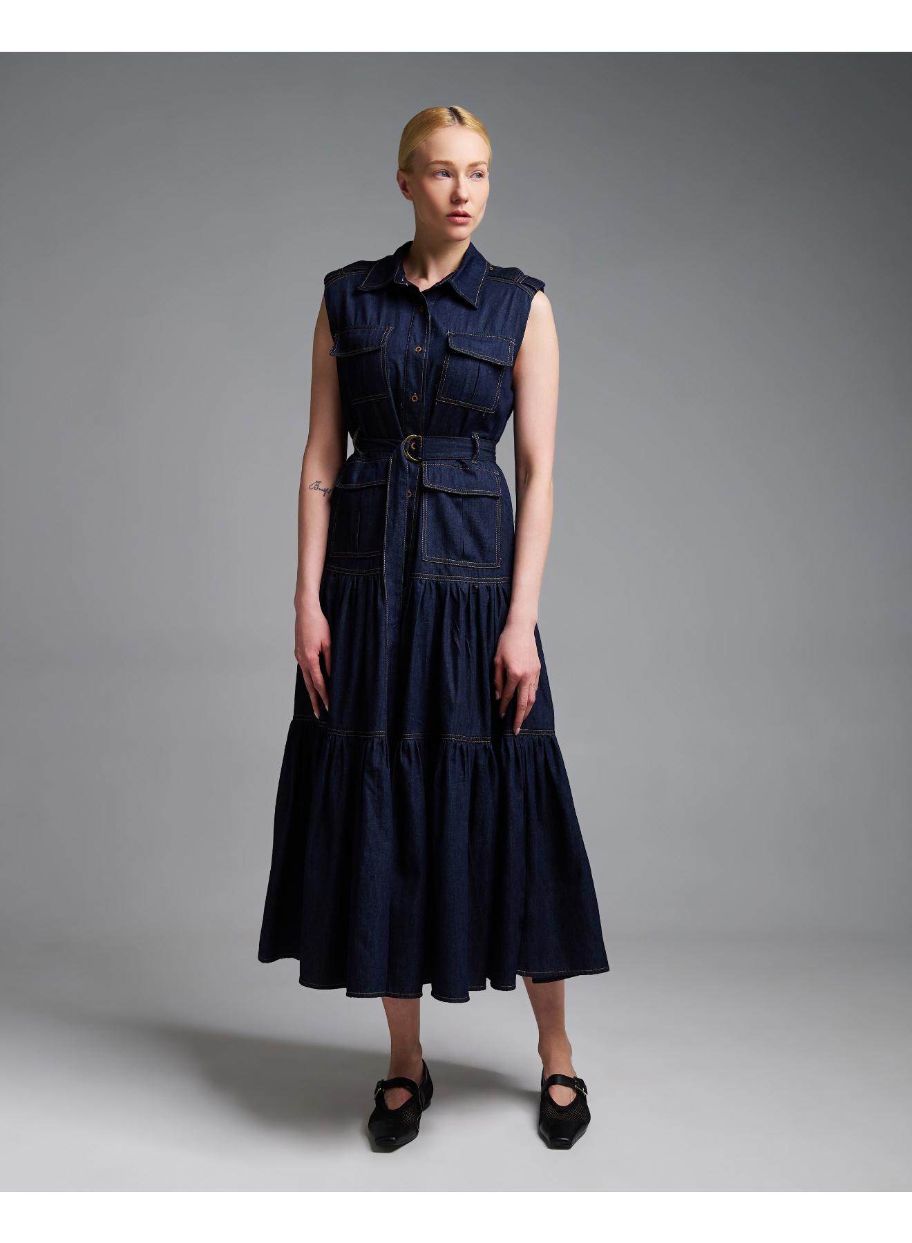 Navy Blue αμάνικο Τζιν Φόρεμα σεμιζιέ με ζώνη Royal - 1