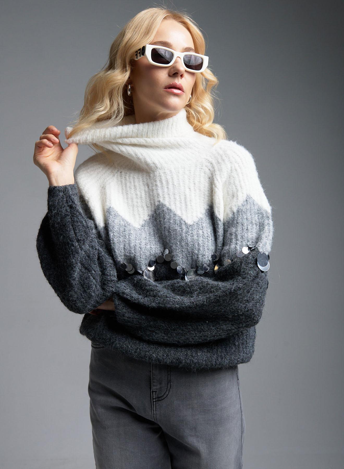 White-Grey turtleneck Sweater with sequins ChicLink - 1