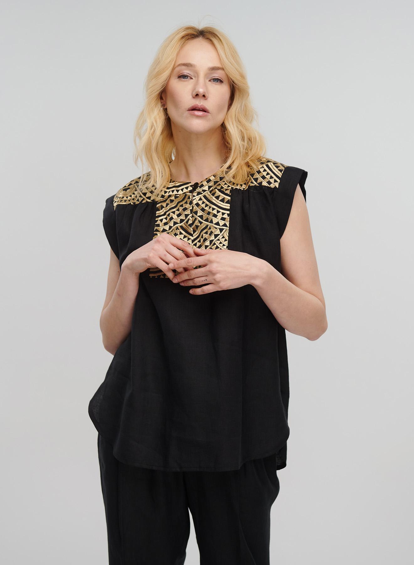 Black-Gold new All Over sleeveless Linen Blouse with round neckline with button Greek Archaic Kori - 1