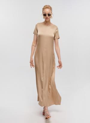 Μπεζ silky touch μακρύ Φόρεμα με κοντά μανίκια Tensione In - 32857