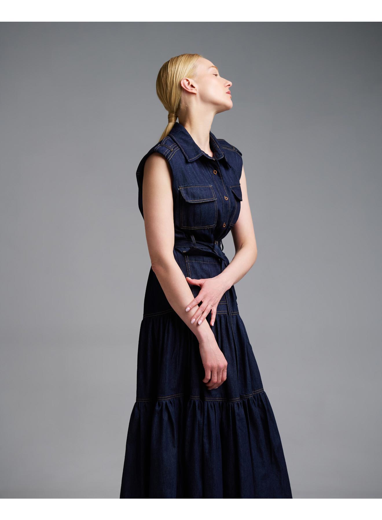 Navy Blue αμάνικο Τζιν Φόρεμα σεμιζιέ με ζώνη Royal - 2