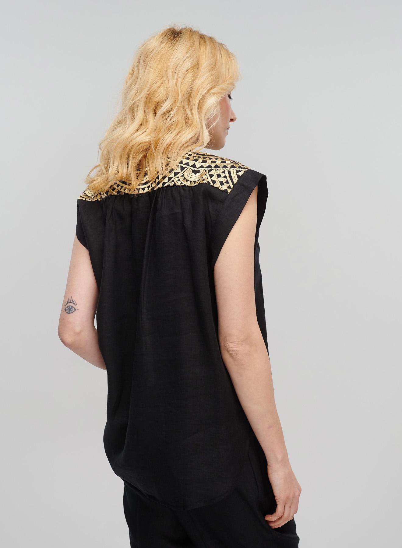 Black-Gold new All Over sleeveless Linen Blouse with round neckline with button Greek Archaic Kori - 2